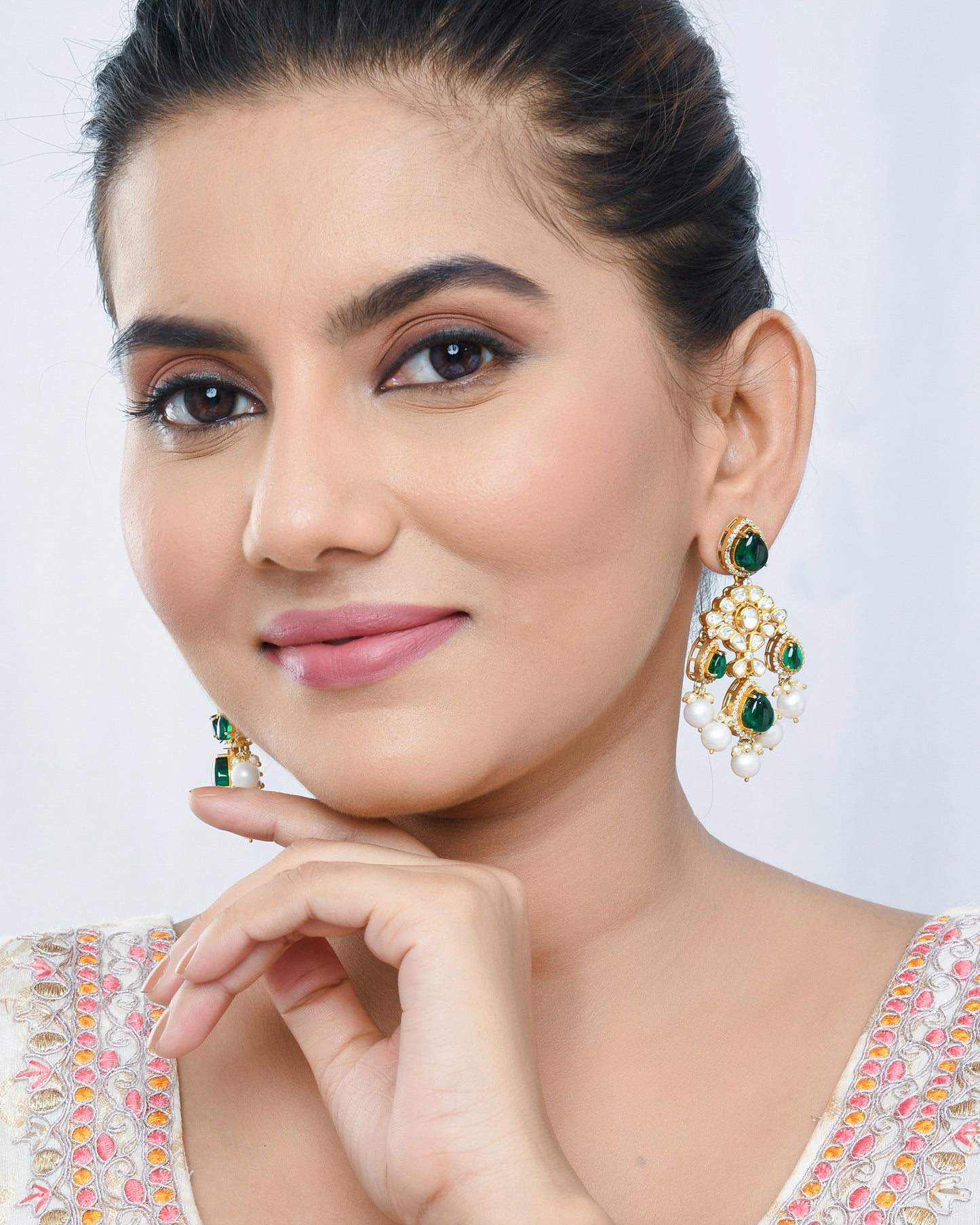 Kundan polki chandellier earrings with pearl drops - Yuvaminie