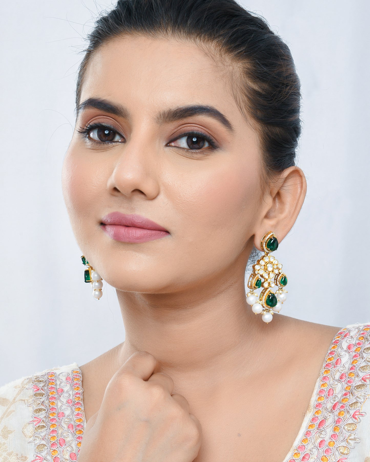 Kundan polki chandellier earrings with pearl drops - Yuvaminie