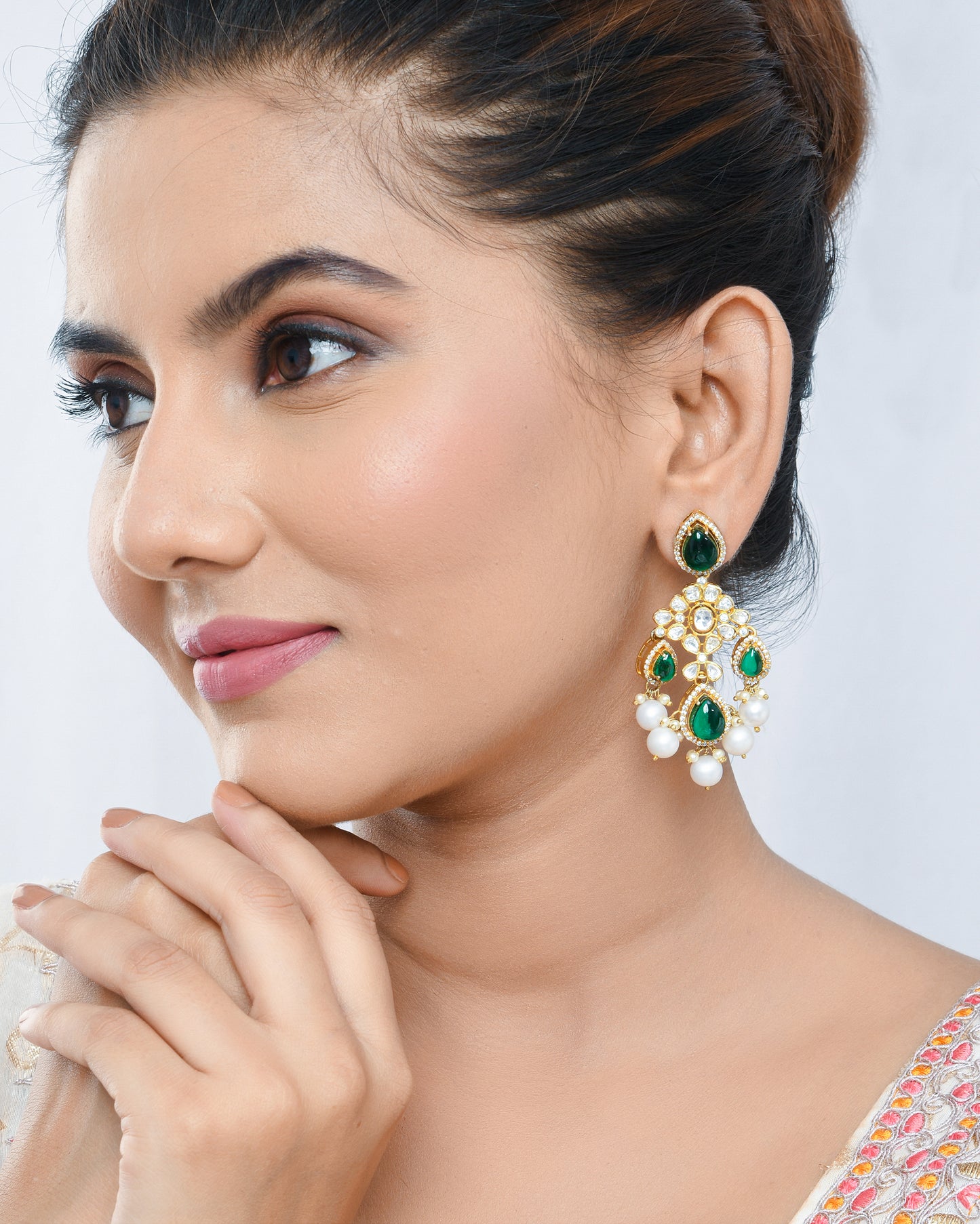 Kundan polki chandellier earrings with pearl drops - Yuvaminie