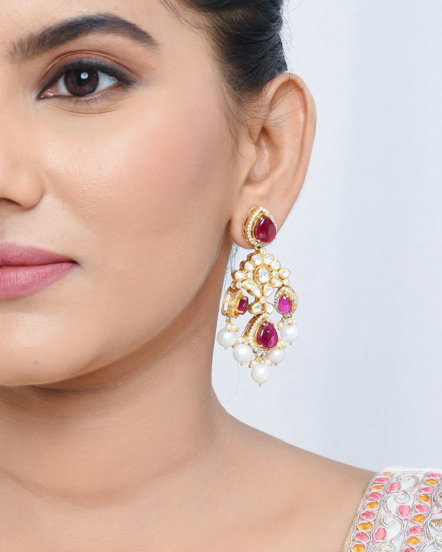 Kundan polki chandellier earrings with pearl drops - Yuvaminie