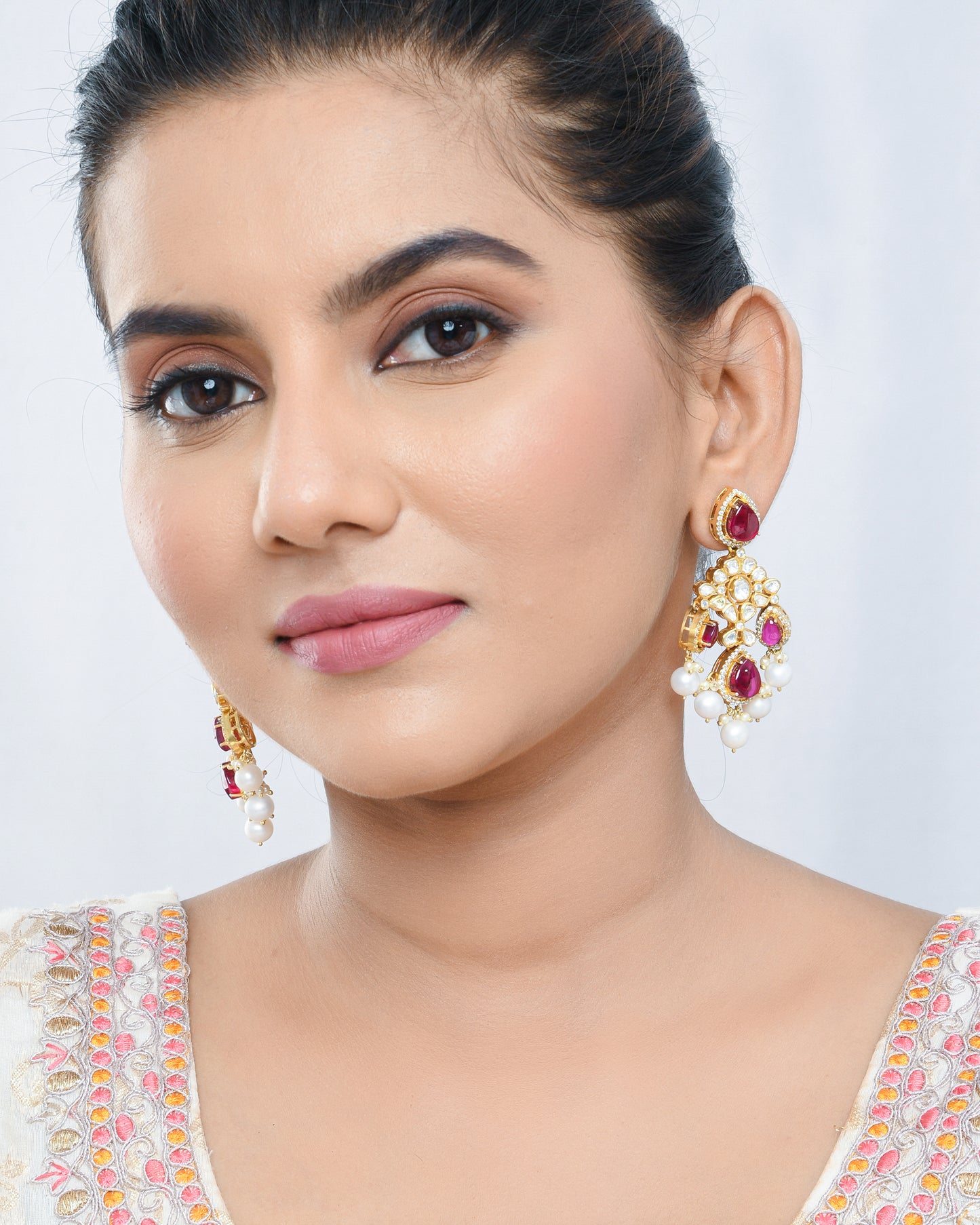 Kundan polki chandellier earrings with pearl drops - Yuvaminie