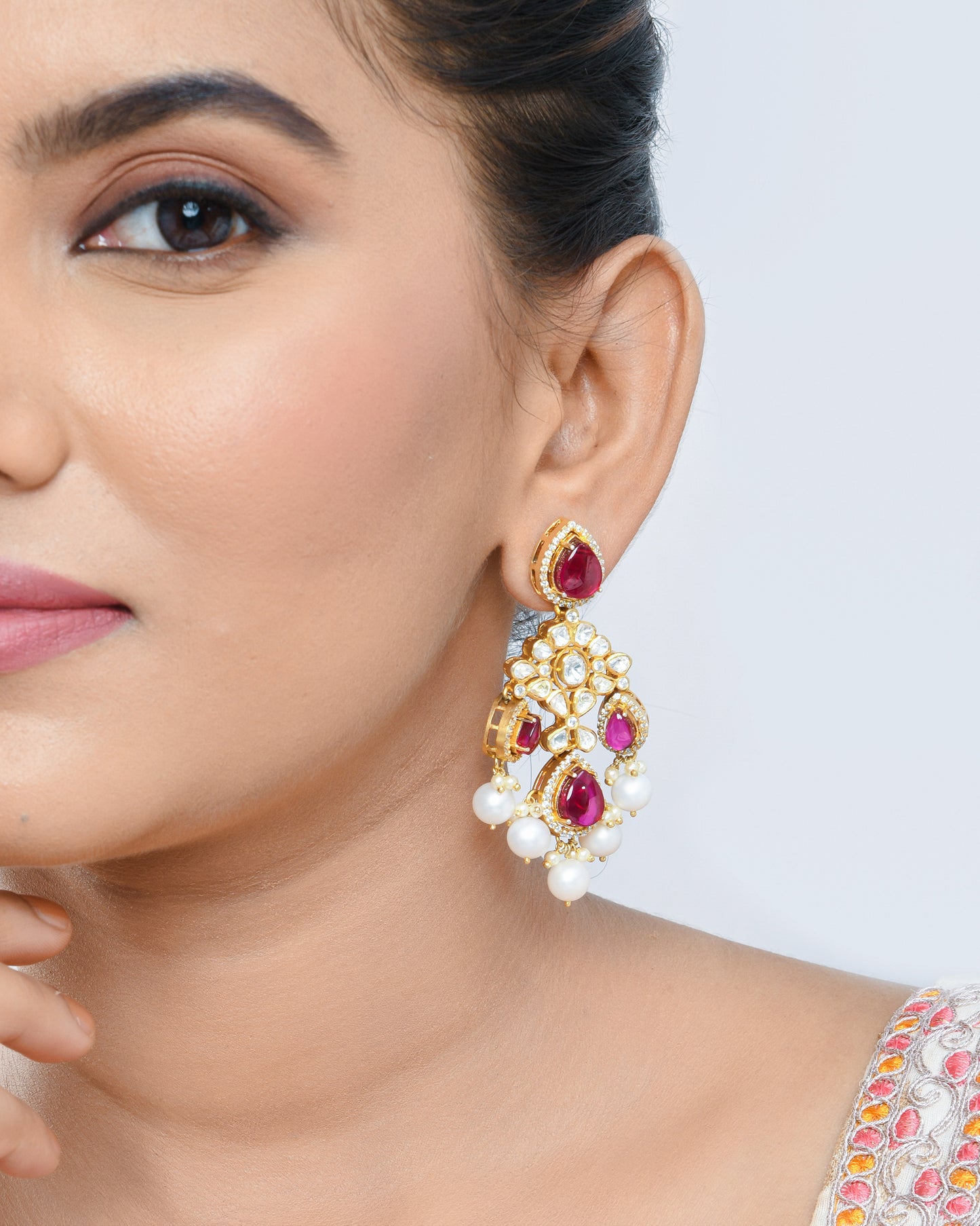 Kundan polki chandellier earrings with pearl drops - Yuvaminie