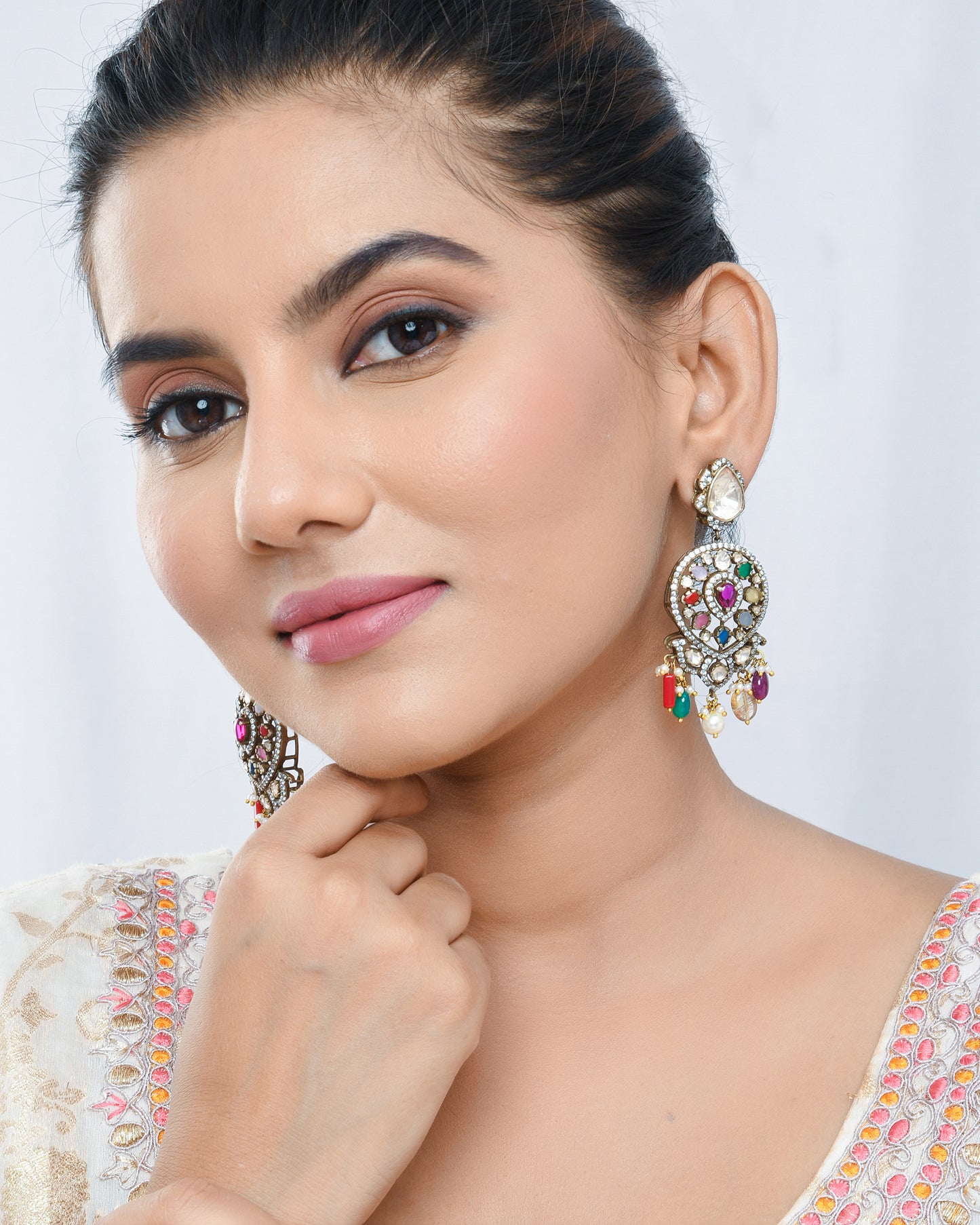 Navratna earrings in antique oxidised look - Yuvaminie