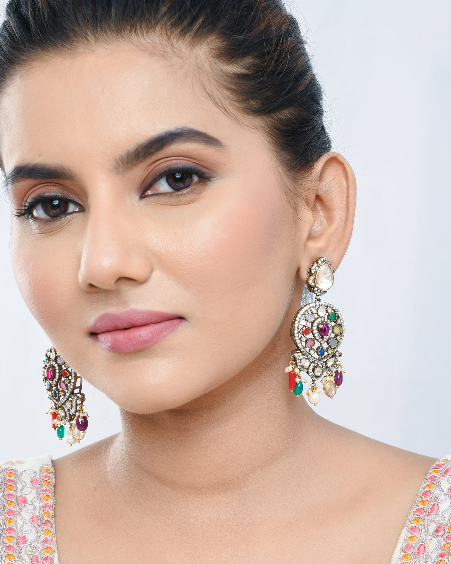 Navratna earrings in antique oxidised look - Yuvaminie