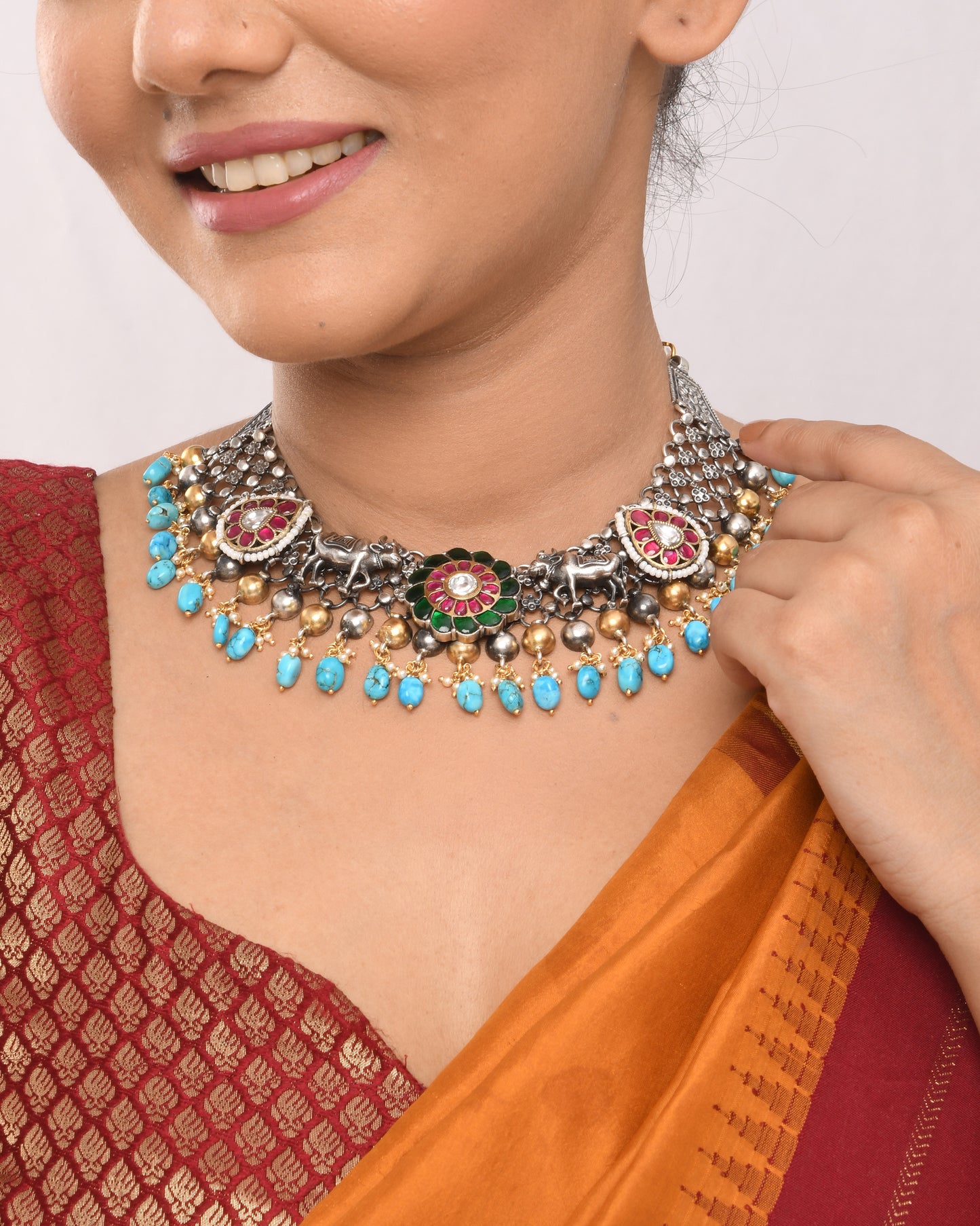 Oxidized Silver tribal necklace with turquoise blue beads and enamel motifs - Yuvaminie