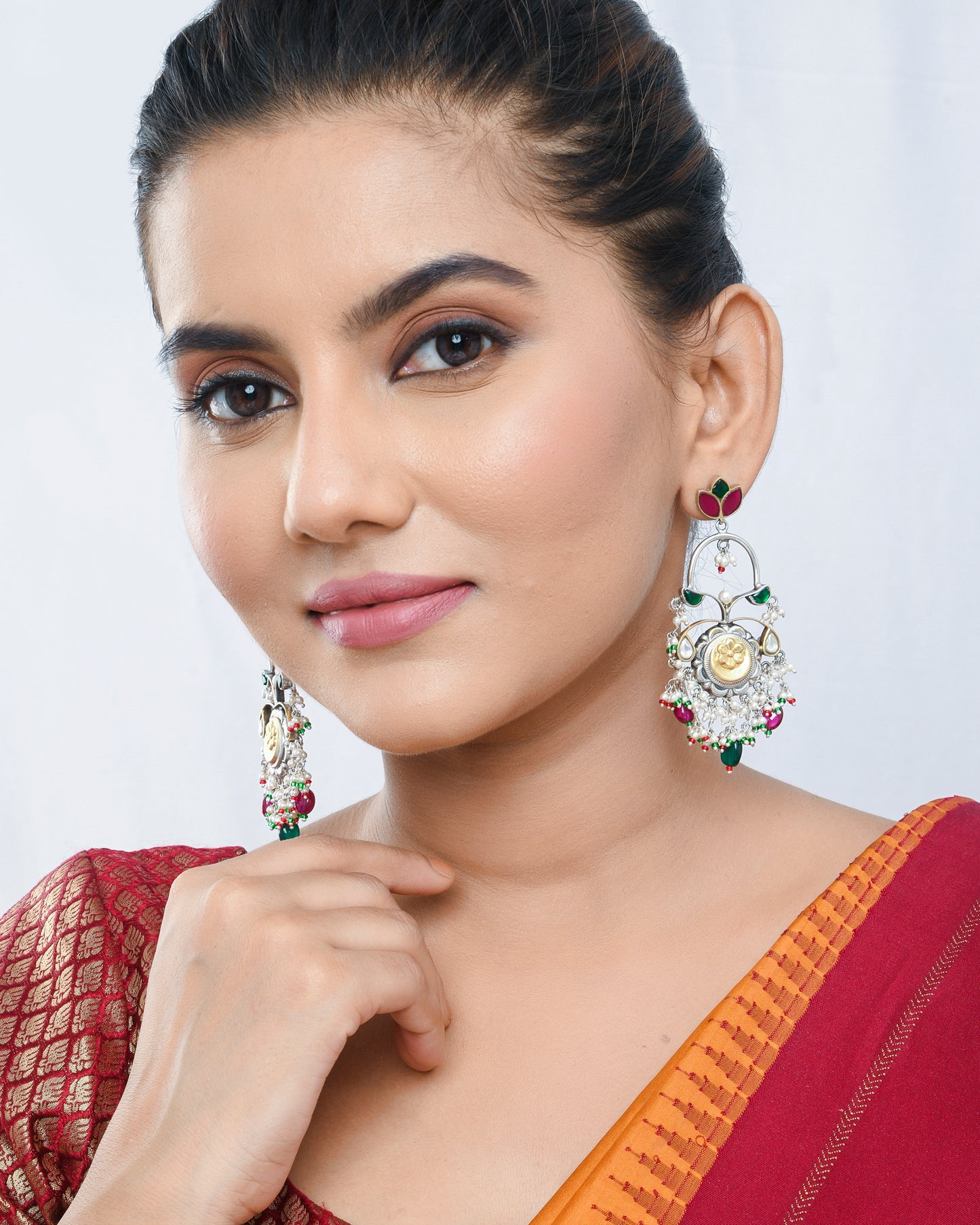 Fusion earrings with floral motif and pearl hangings - Yuvaminie