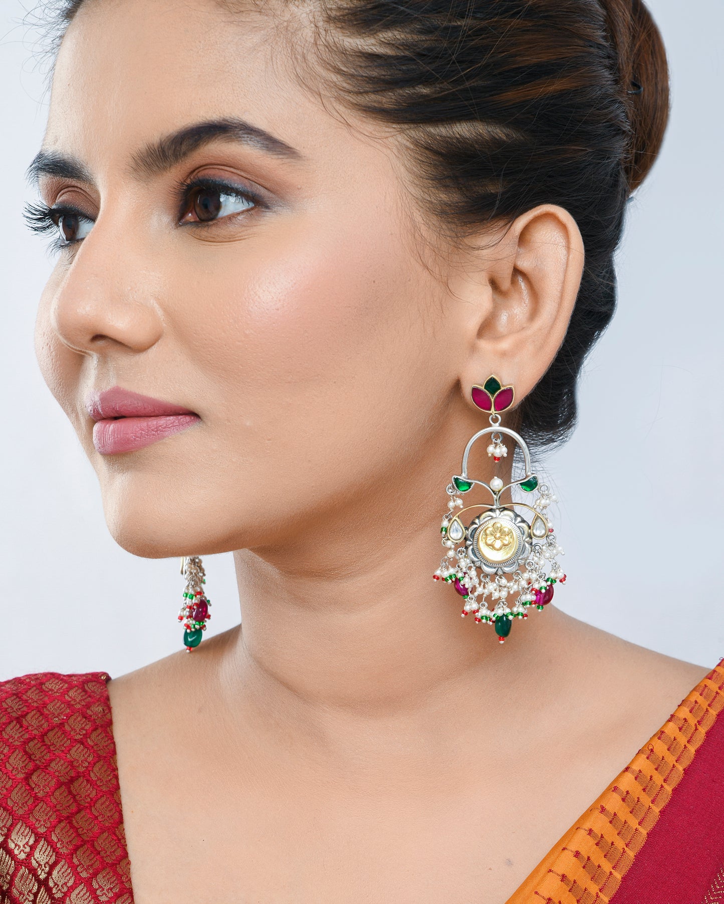 Fusion earrings with floral motif and pearl hangings - Yuvaminie