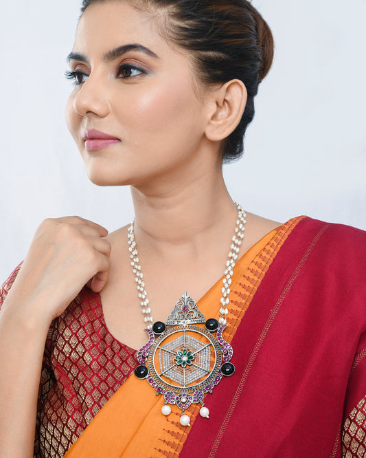 Boho tribal pearl and meenakari pendant necklace - Yuvaminie