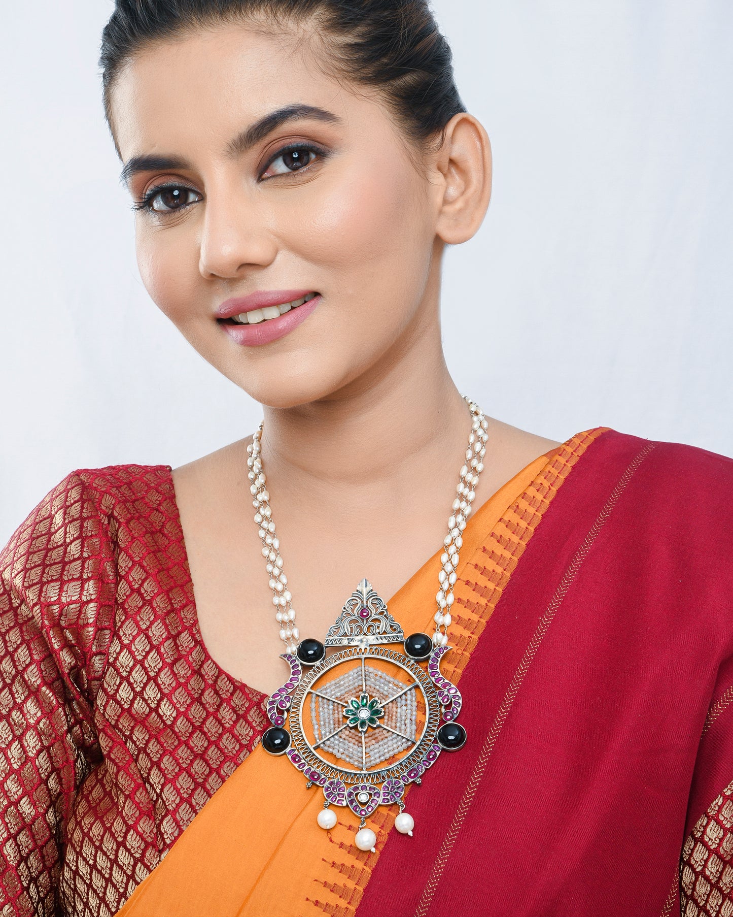 Boho tribal pearl and meenakari pendant necklace - Yuvaminie