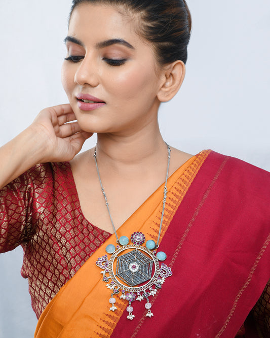 Bohemian Oxidized silver pendant necklace with pastel blue accents - Yuvaminie