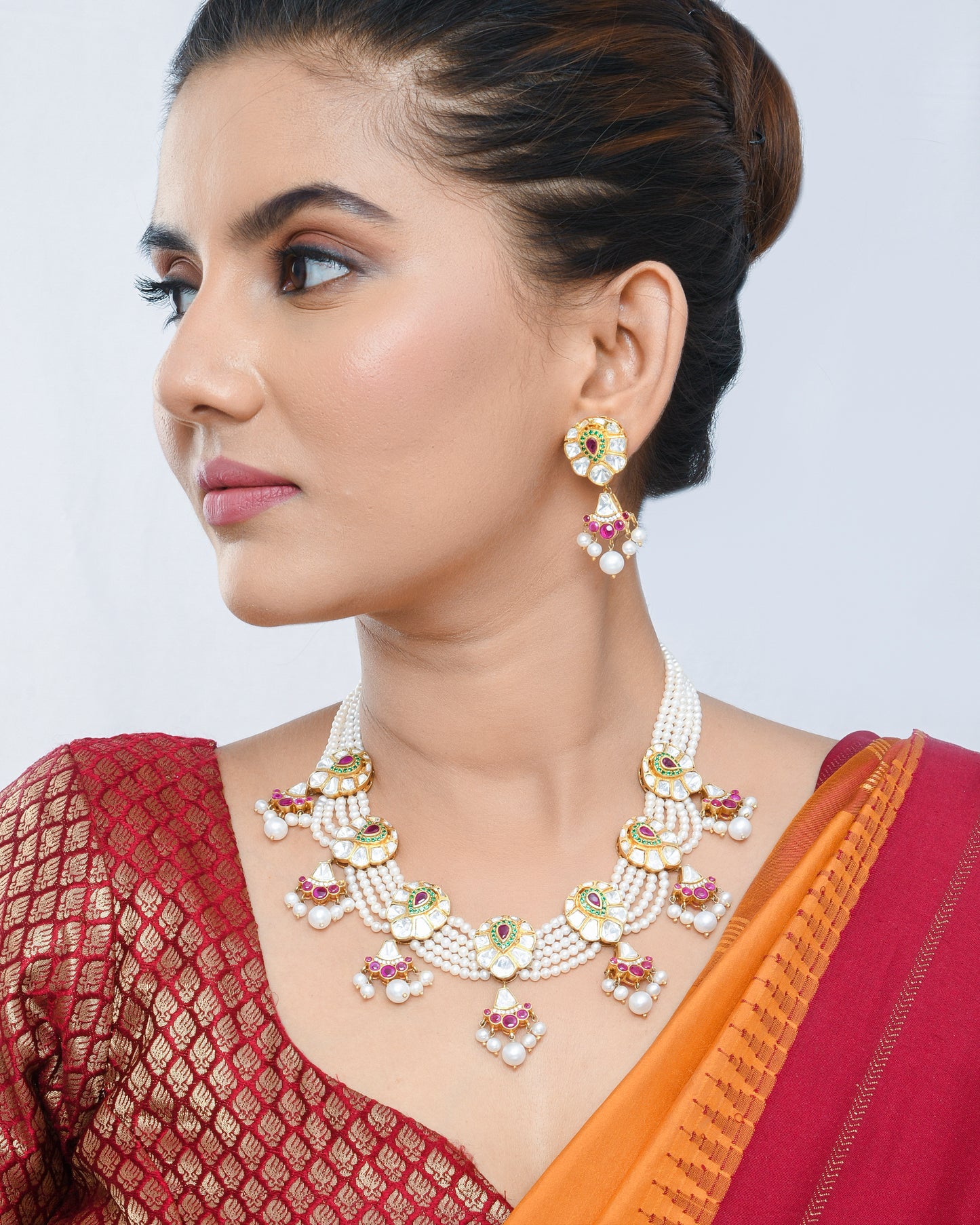 Multi-strand Pearl and polki set with sliced ruby look - Yuvaminie