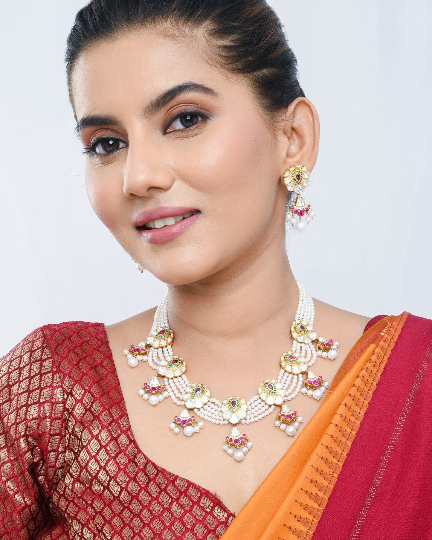 Multi-strand Pearl and polki set with sliced ruby look - Yuvaminie