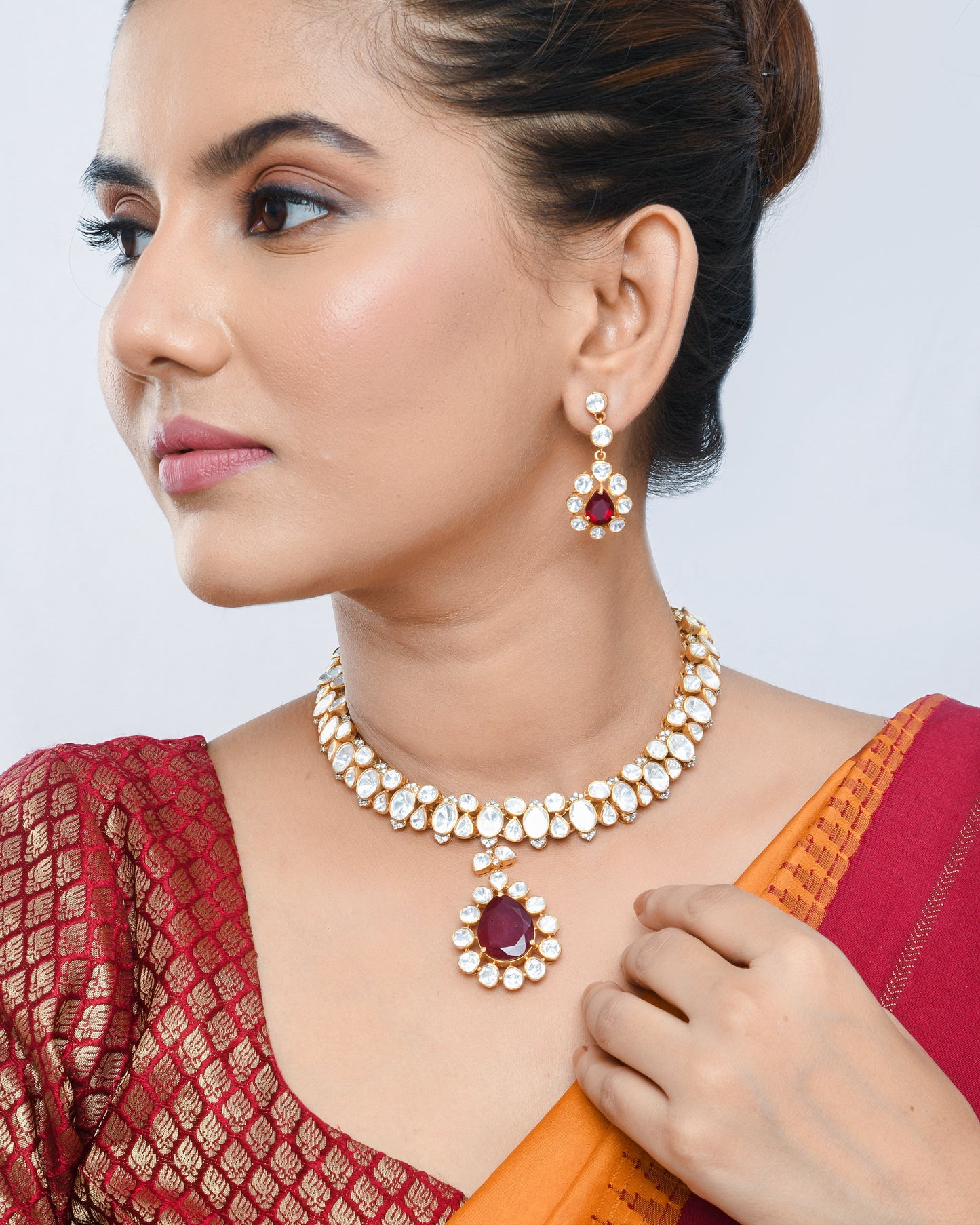 Ruby centred Polki Necklace set with hangings - Yuvaminie
