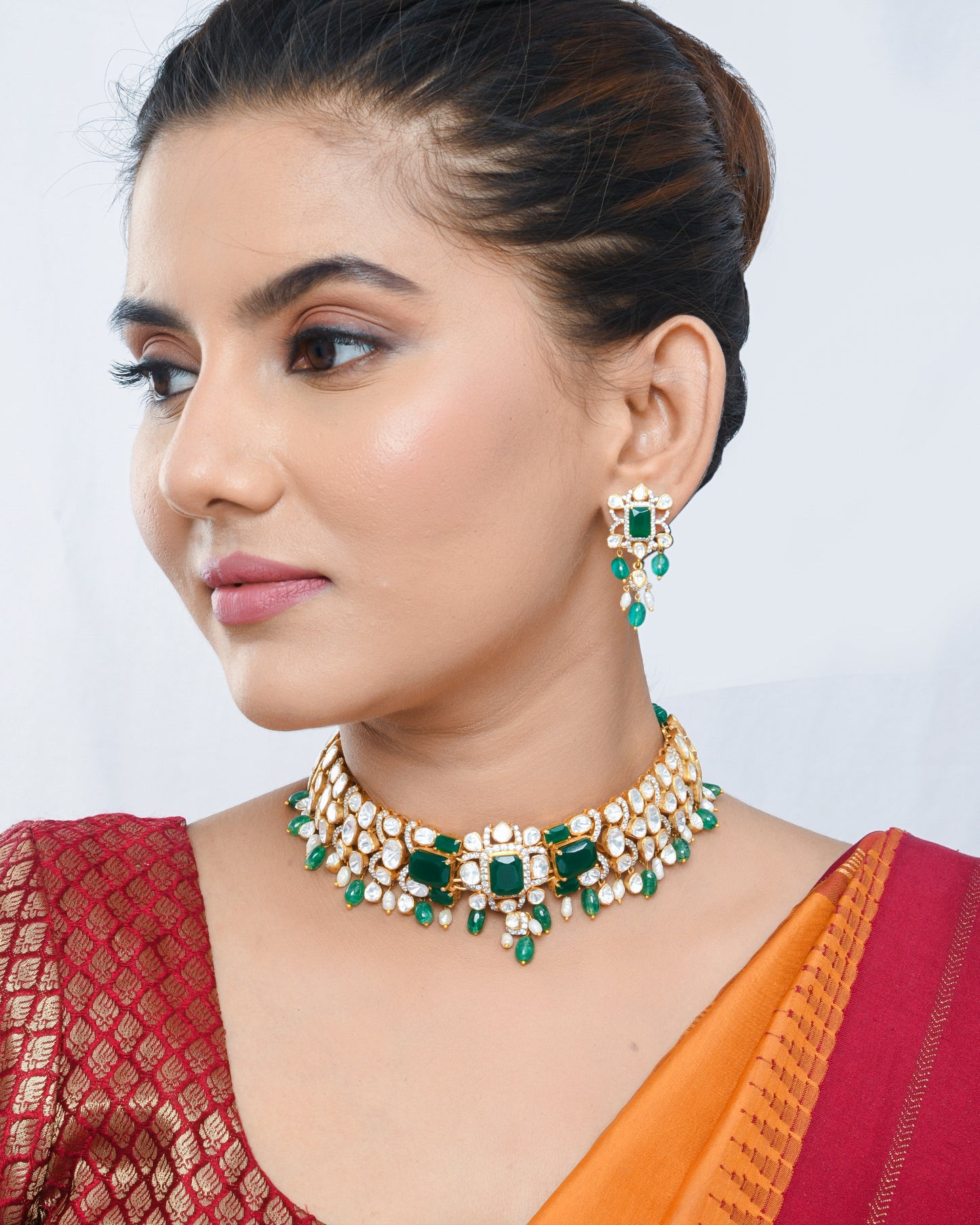 Green Kundan Choker Necklace Set with Beaded Detailing and Earrings - Yuvaminie