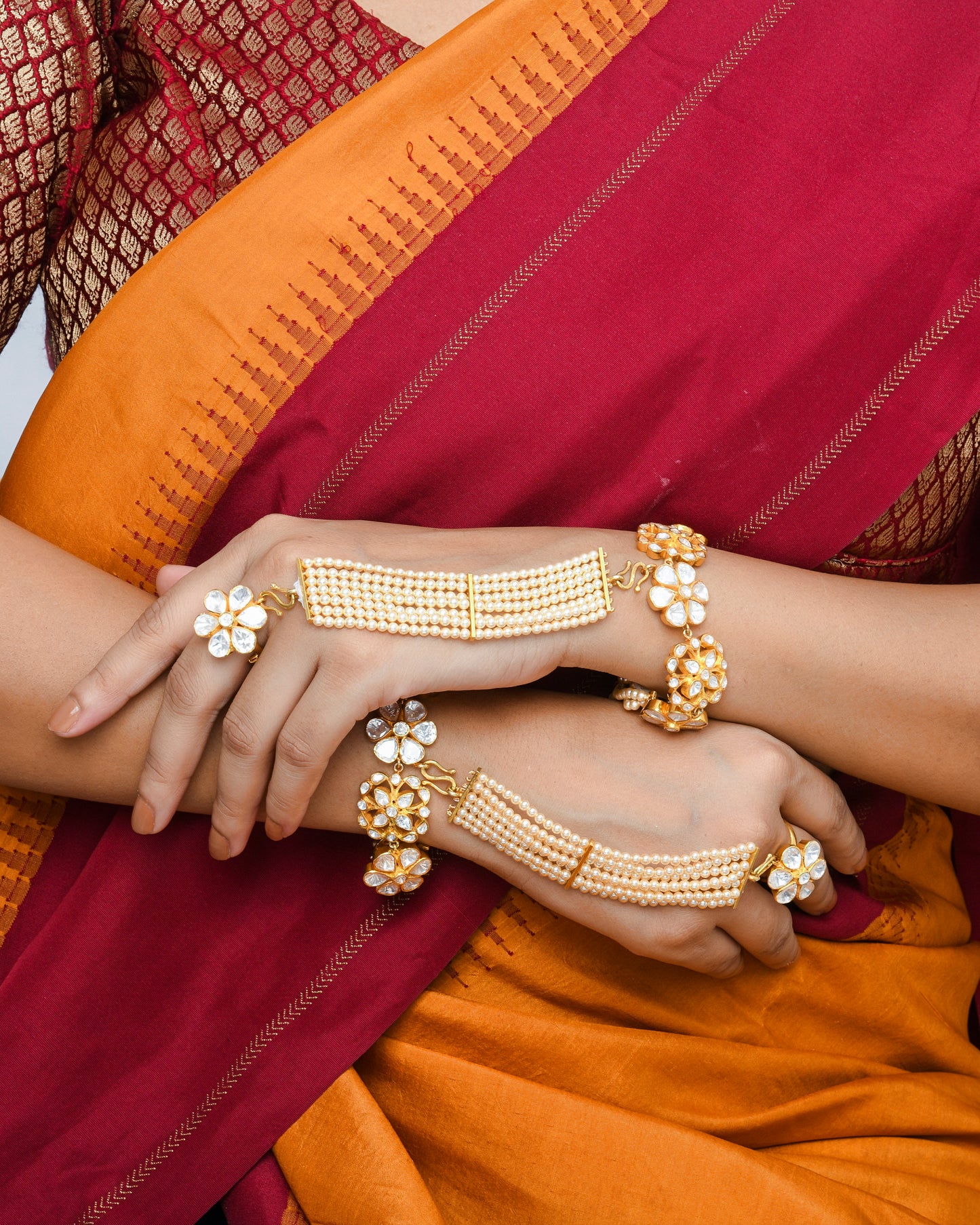 Elegant kundan pearl haathphool detachable bracelet - Yuvaminie