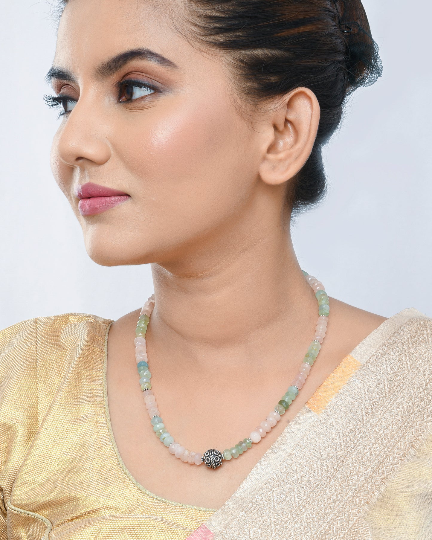 Pastel peach and green beaded necklace and oxidized silver bead - Yuvaminie
