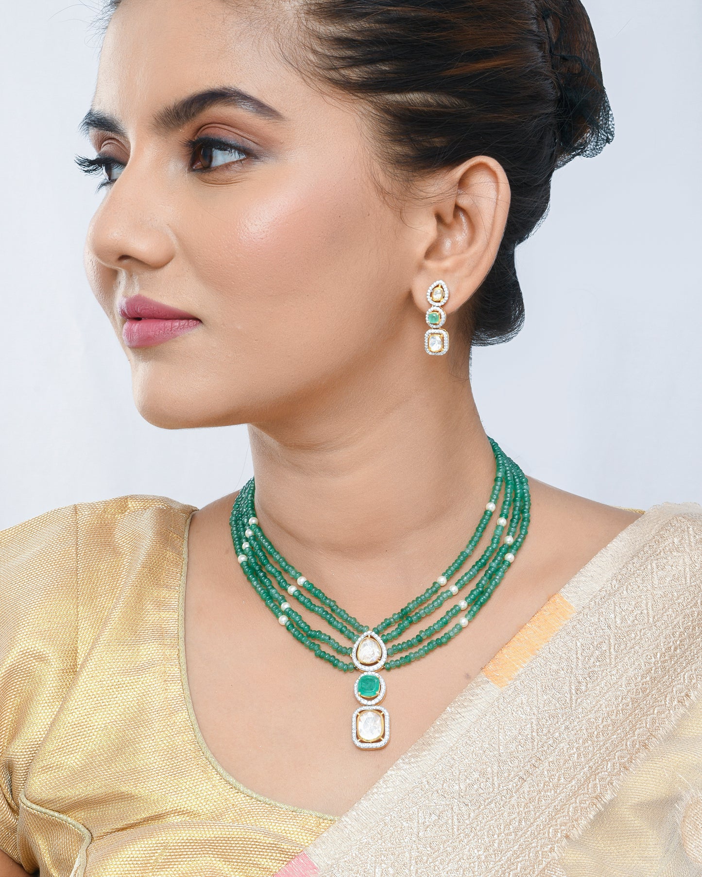 Strawberry beads pendant set with polki earrings - Yuvaminie