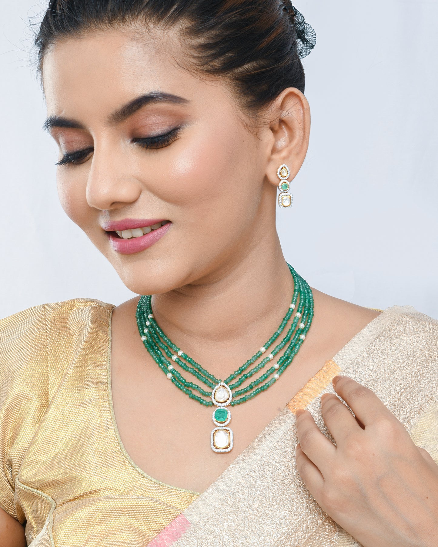 Strawberry beads pendant set with polki earrings - Yuvaminie