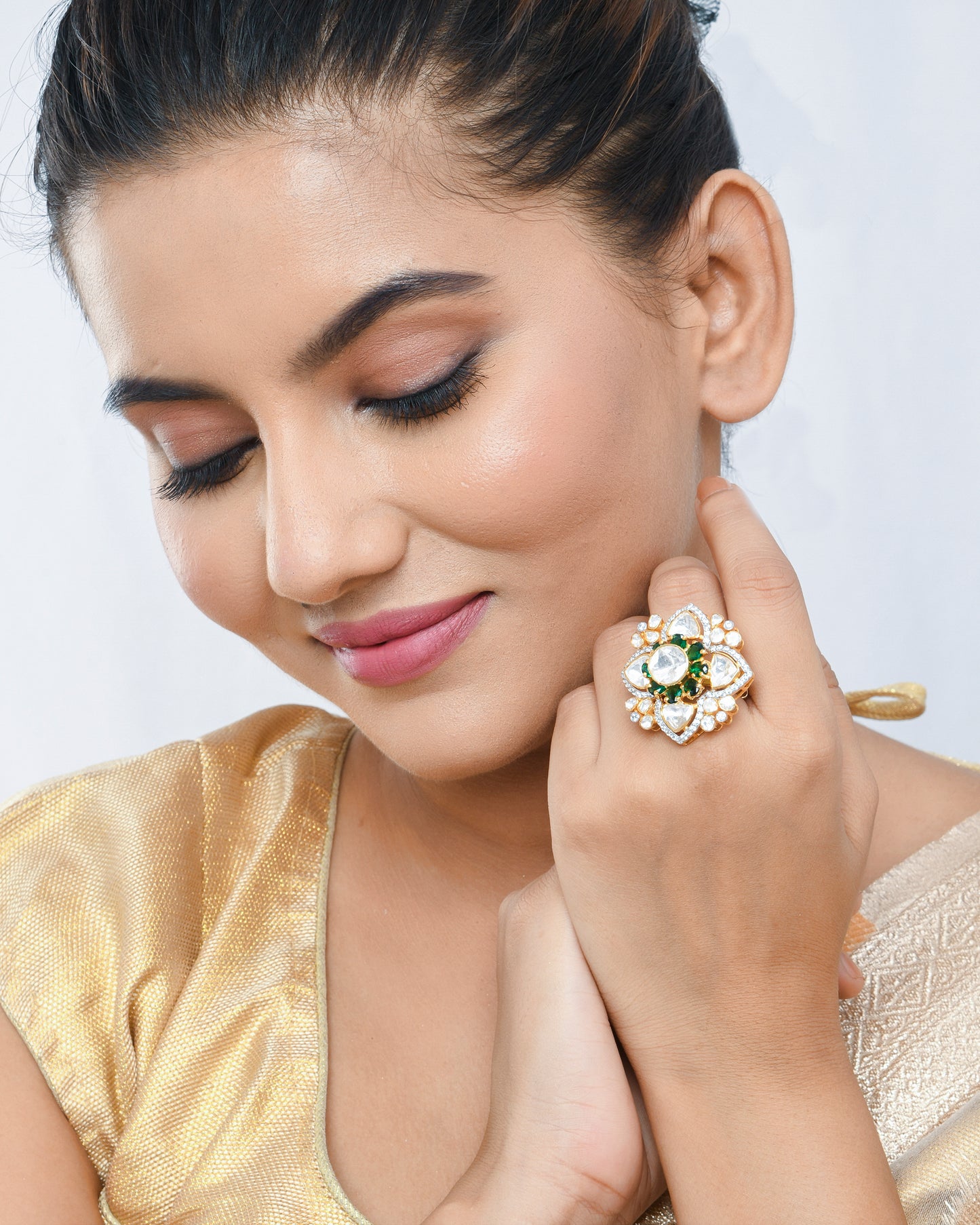 Floral green stones and polki ring - Yuvaminie