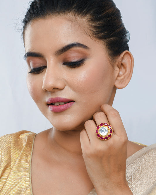 Big polki ring with studded rubies - Yuvaminie
