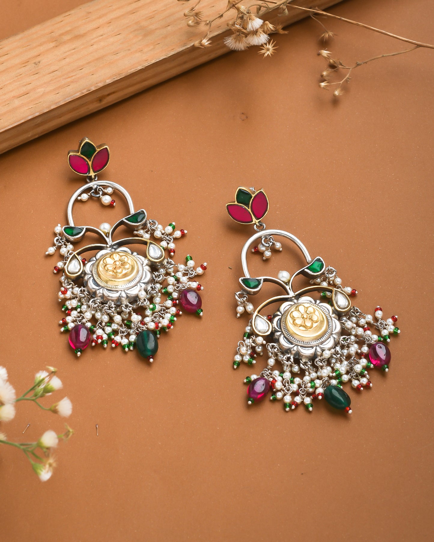 Fusion earrings with floral motif and pearl hangings - Yuvaminie