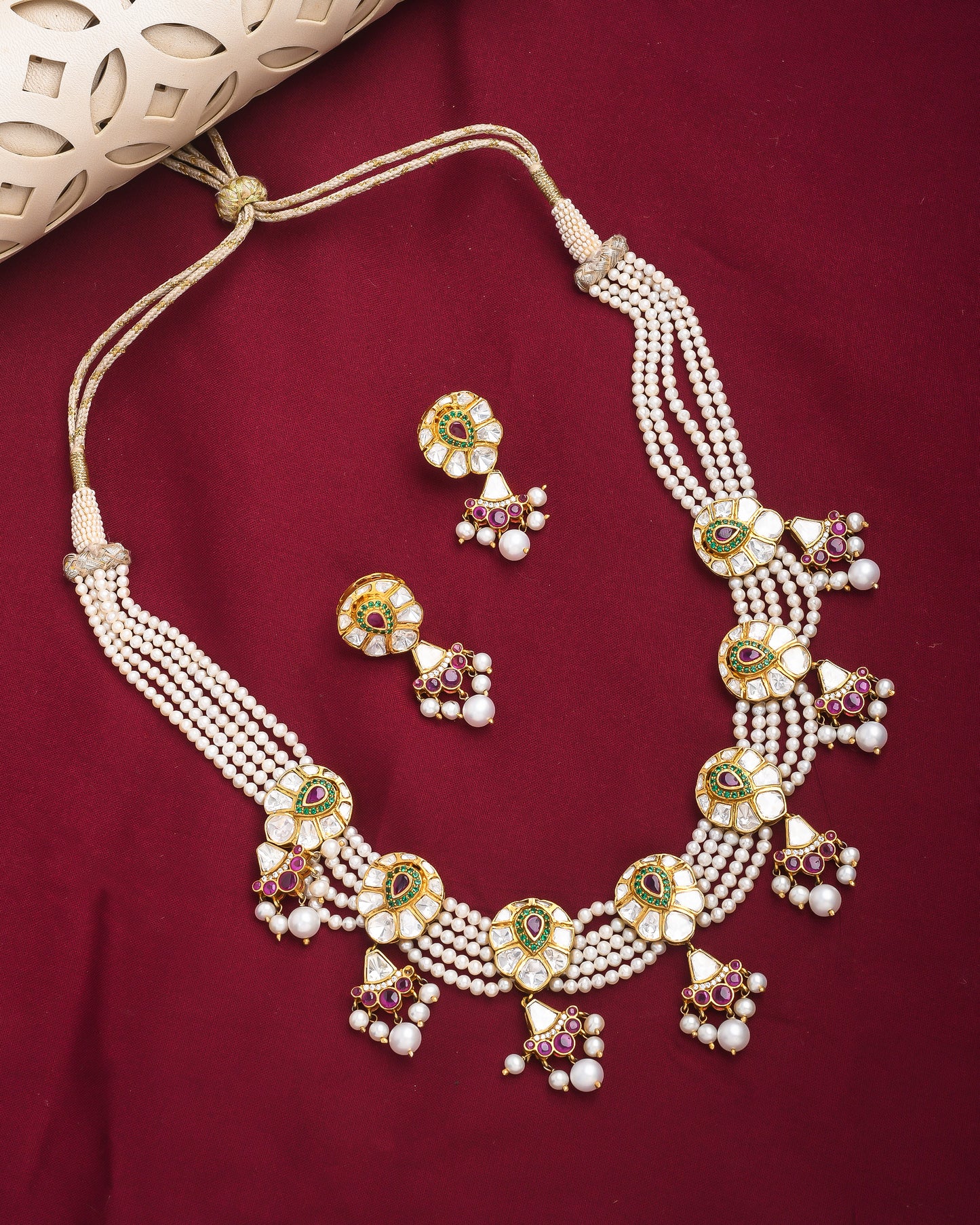 Multi-strand Pearl and polki set with sliced ruby look - Yuvaminie