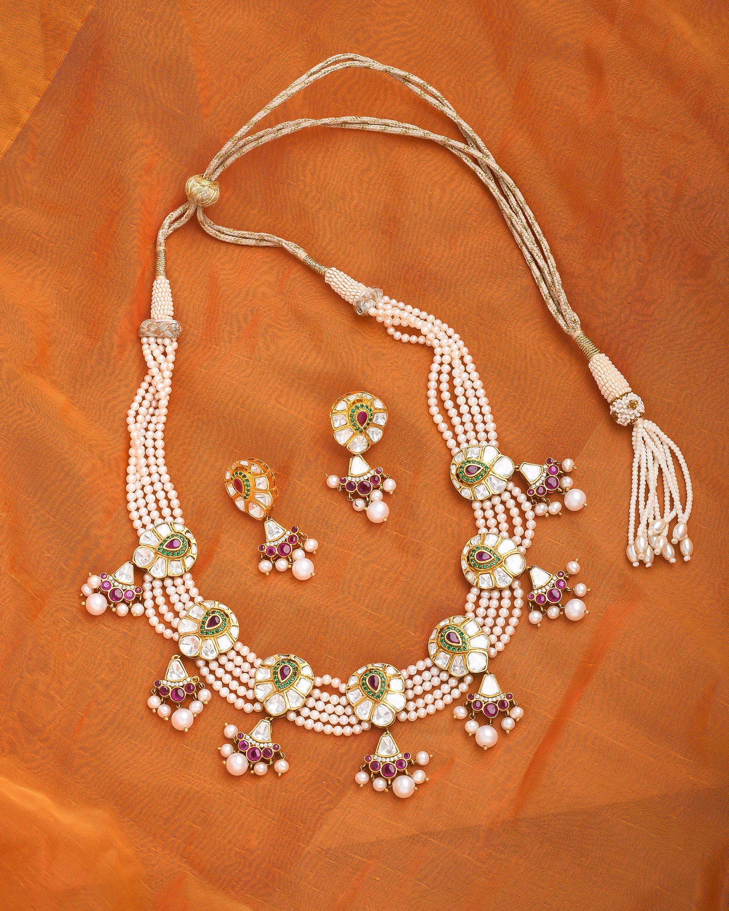 Multi-strand Pearl and polki set with sliced ruby look - Yuvaminie