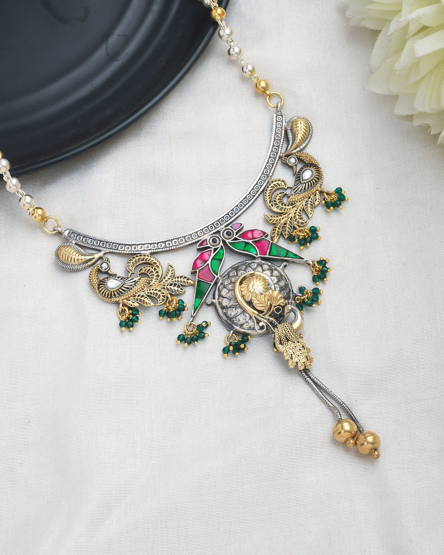Peacock motif oxidised silver long necklace with enamelling gold accents - Yuvaminie