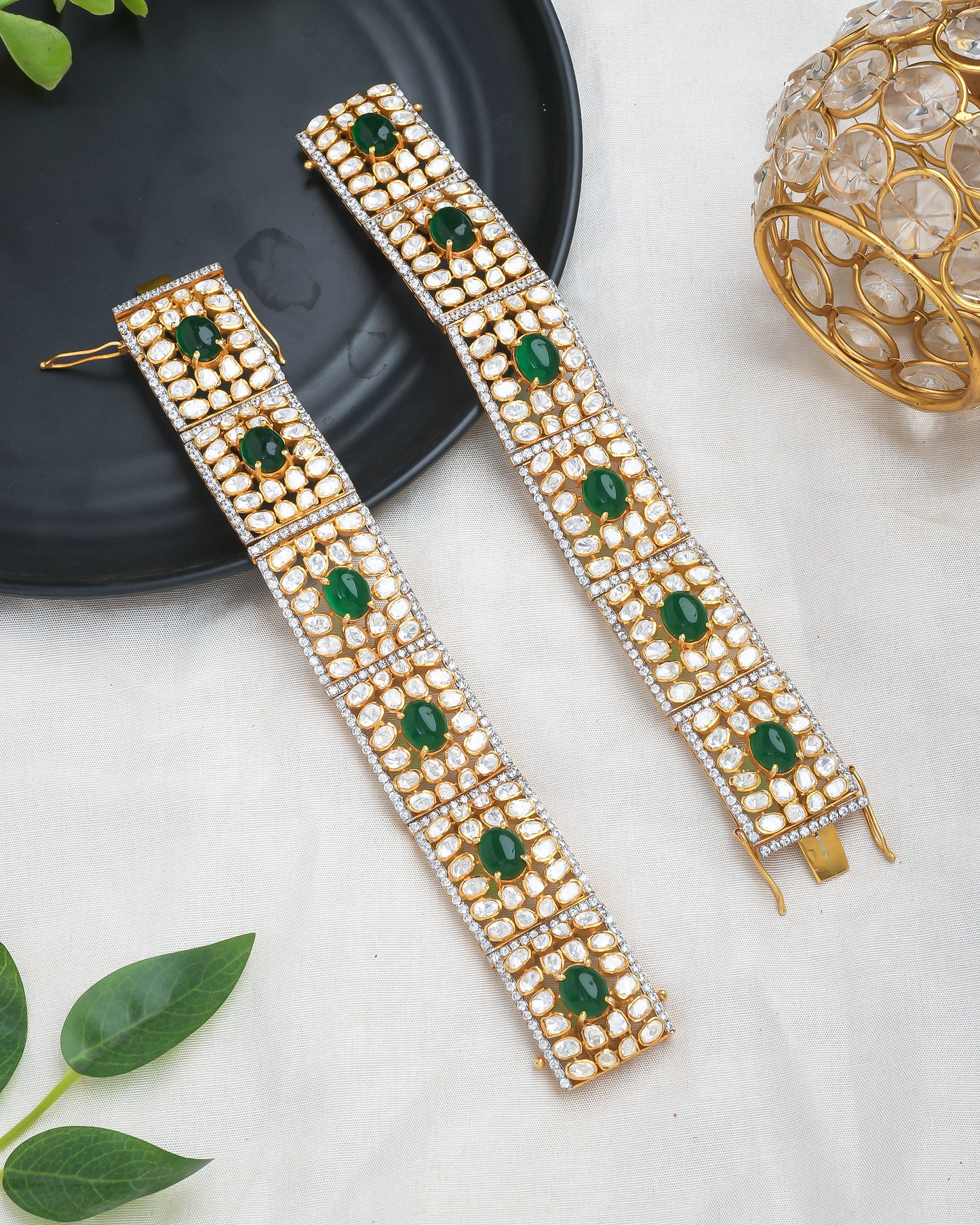 Polki and green stones traditional pair of bracelets - Yuvaminie
