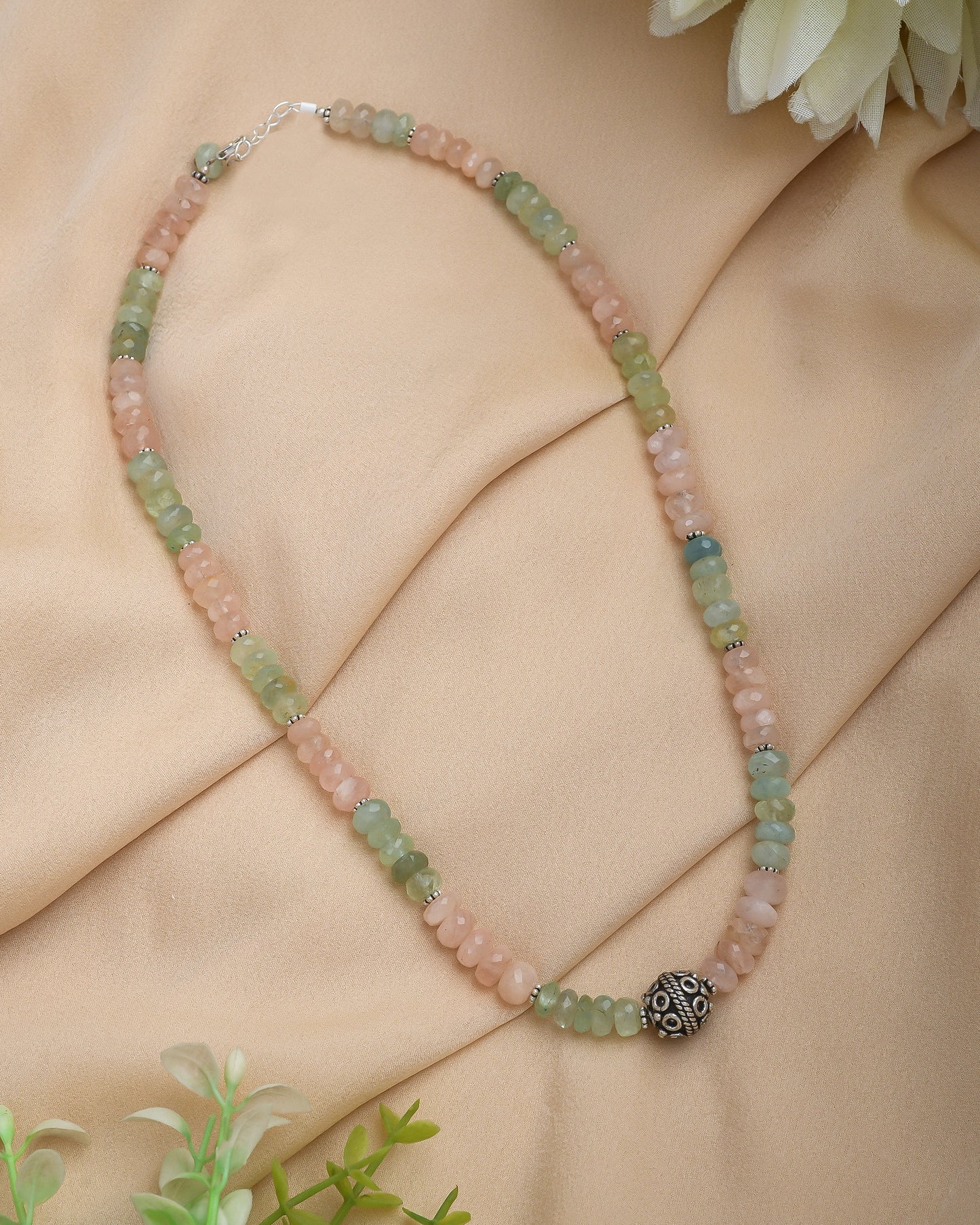Pastel peach and green beaded necklace and oxidized silver bead - Yuvaminie