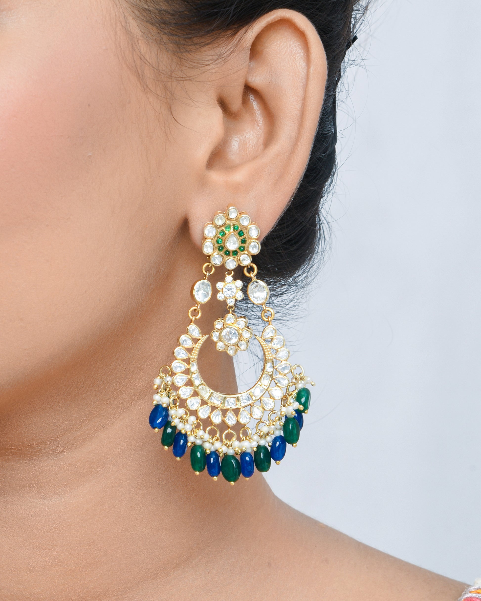 Chandbali earrings with peacock colored beads - Yuvaminie