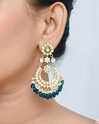 Chandbali earrings with peacock colored beads - Yuvaminie