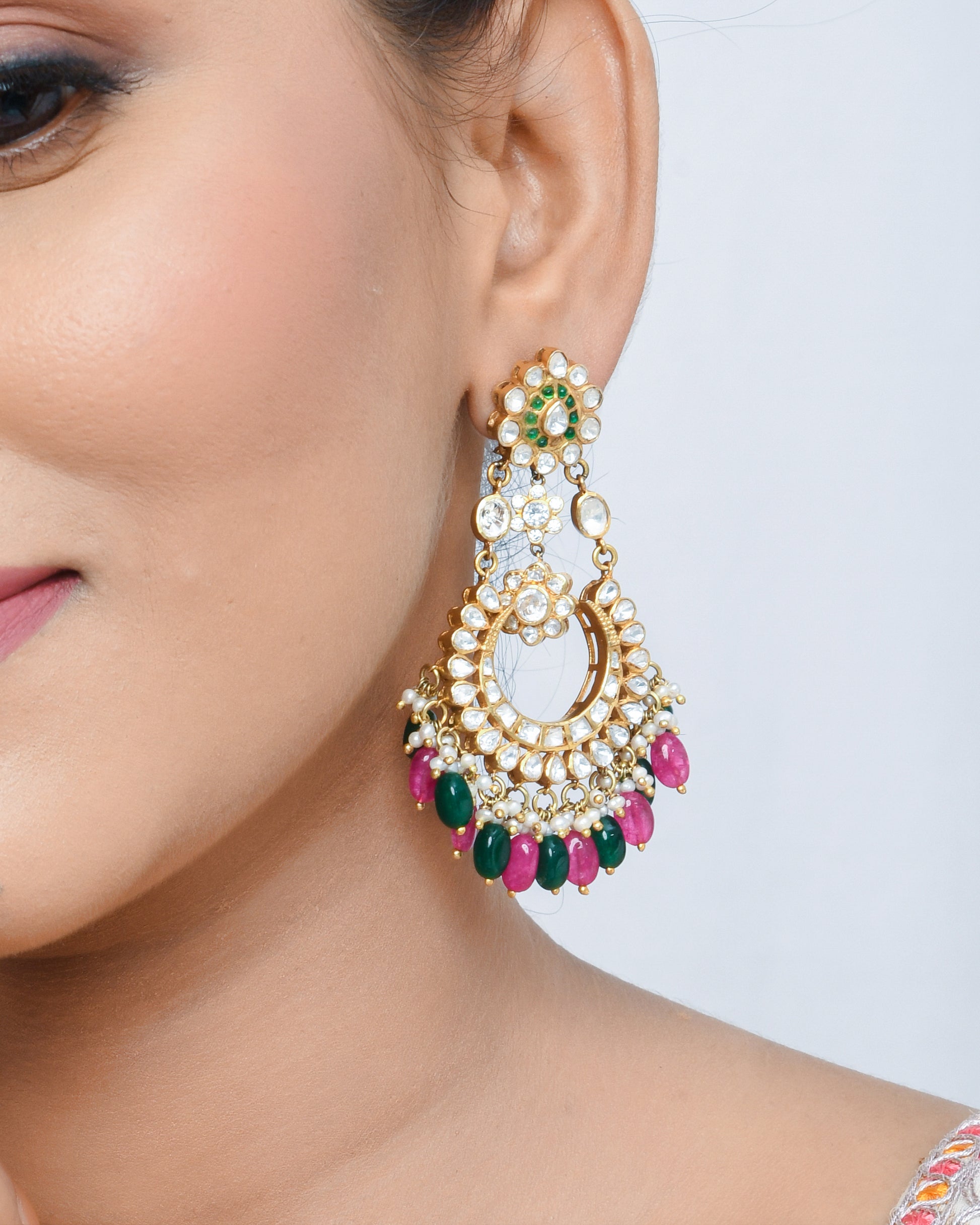 Chandbali earrings with pink and green strawberry  beads - Yuvaminie