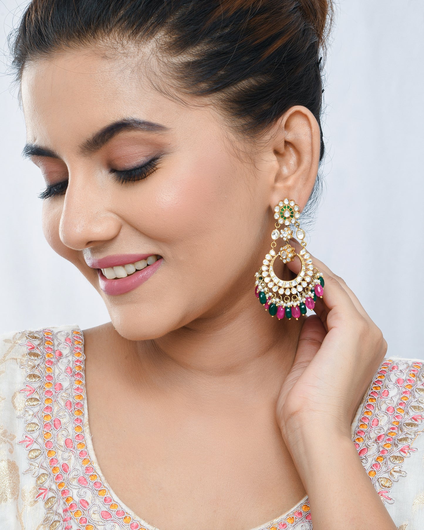 Chandbali earrings with pink and green strawberry  beads - Yuvaminie