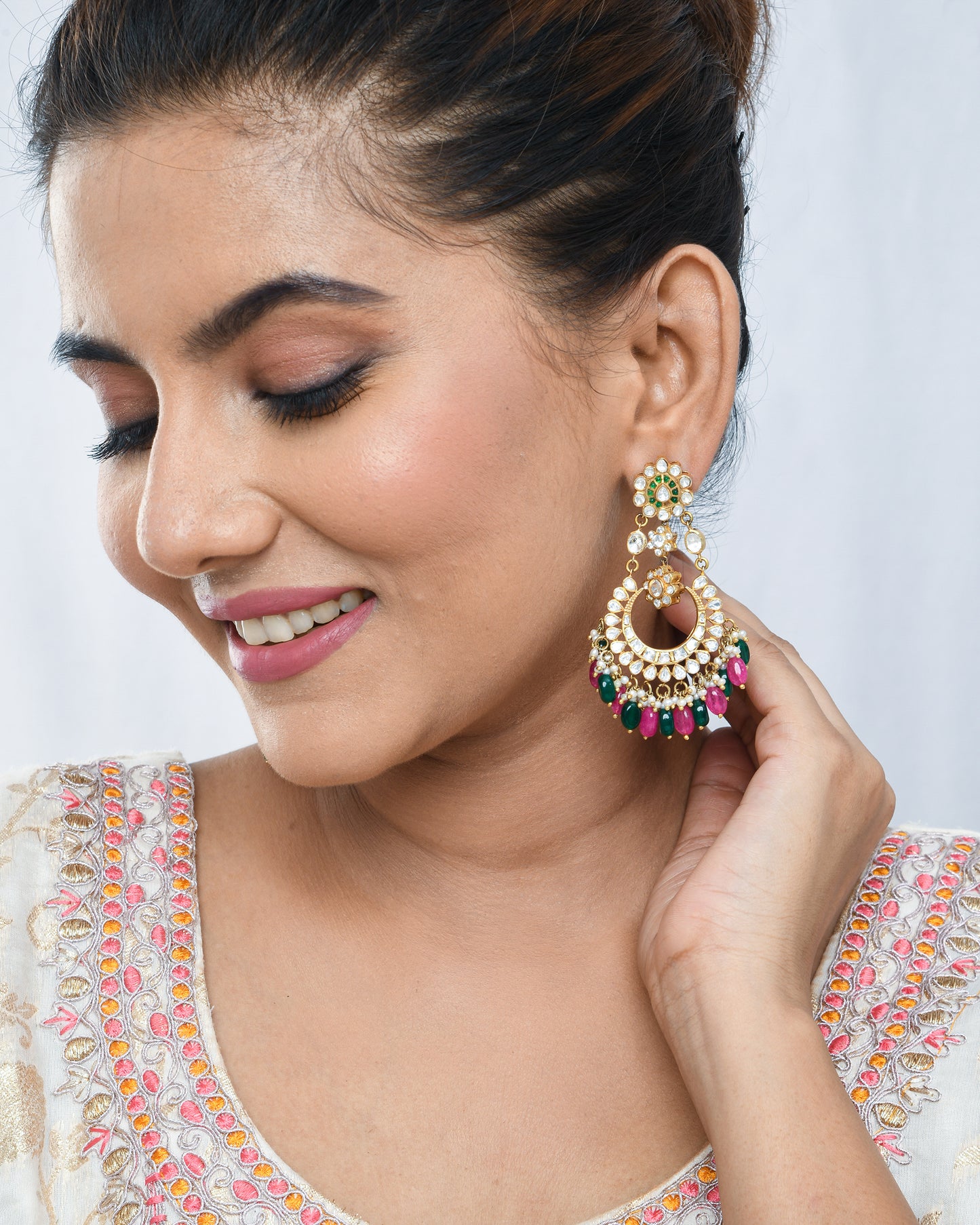 Chandbali earrings with pink and green strawberry  beads - Yuvaminie