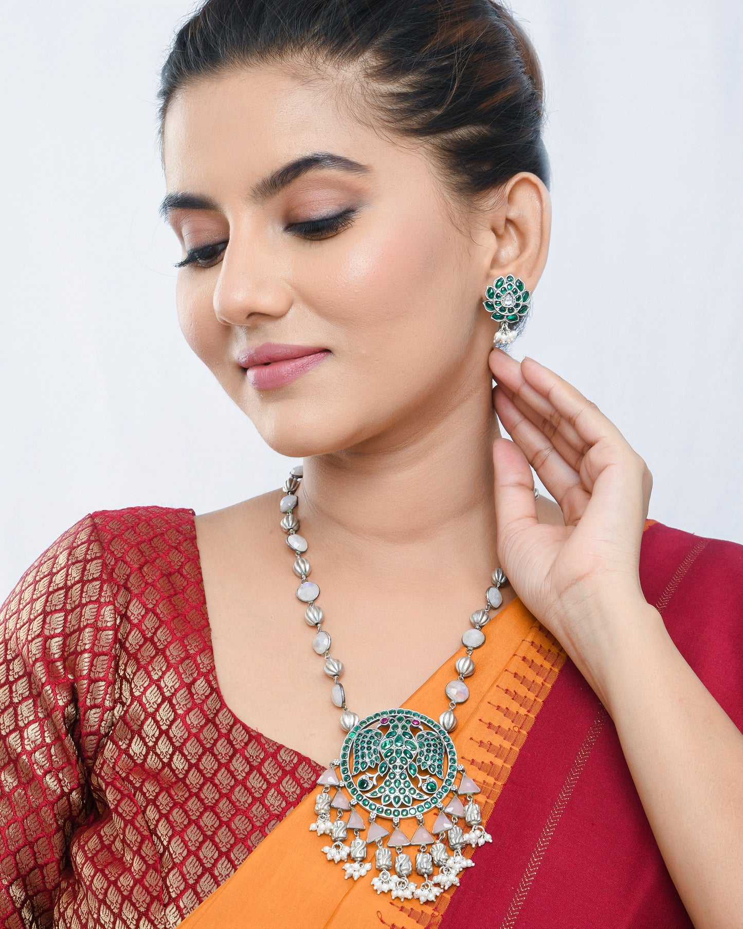 Oxidised silver green stones south india style long necklace - Yuvaminie