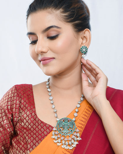 Oxidised silver green stones south india style long necklace - Yuvaminie