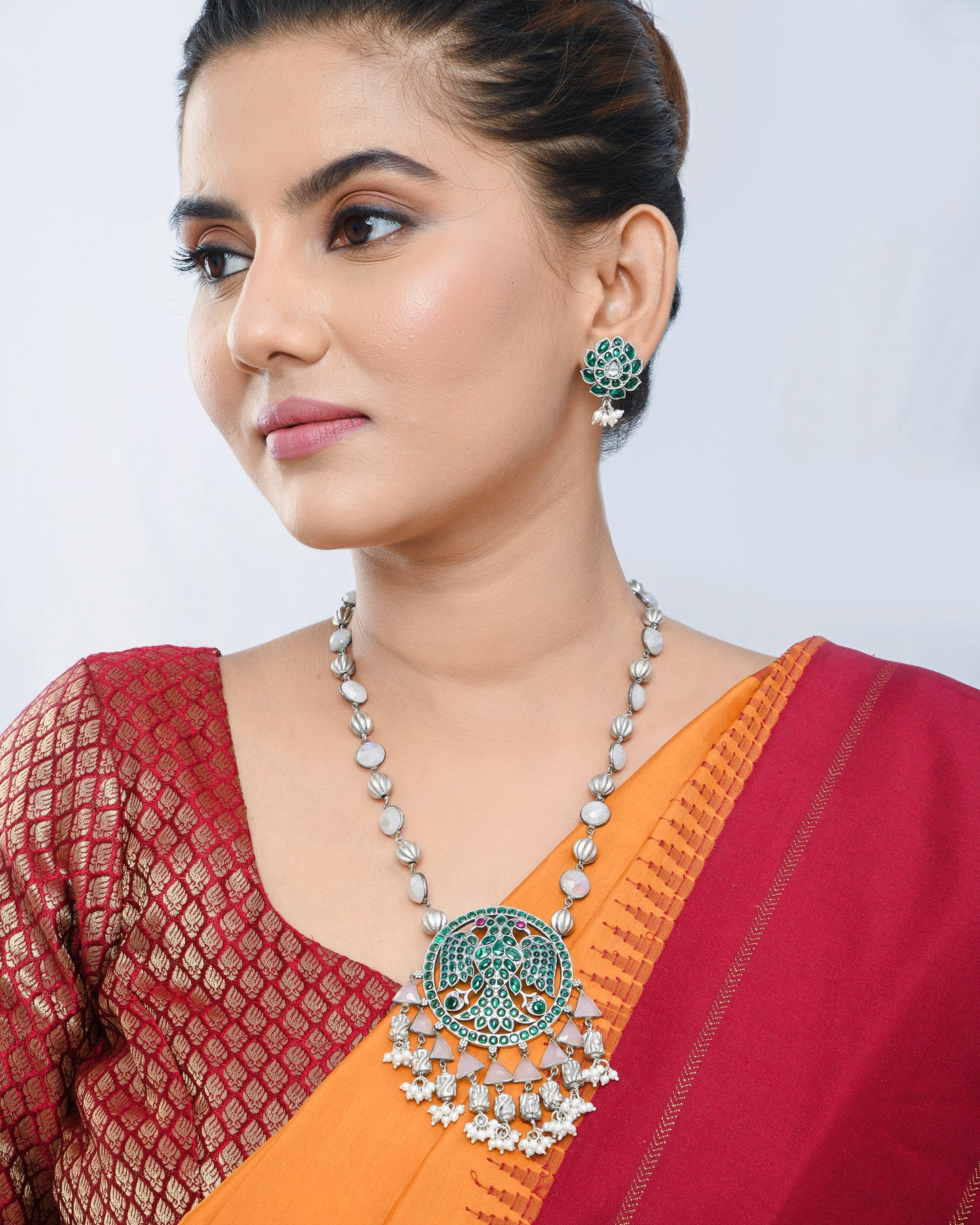 Oxidised silver green stones south india style long necklace - Yuvaminie