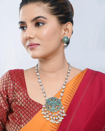 Oxidised silver green stones south india style long necklace - Yuvaminie