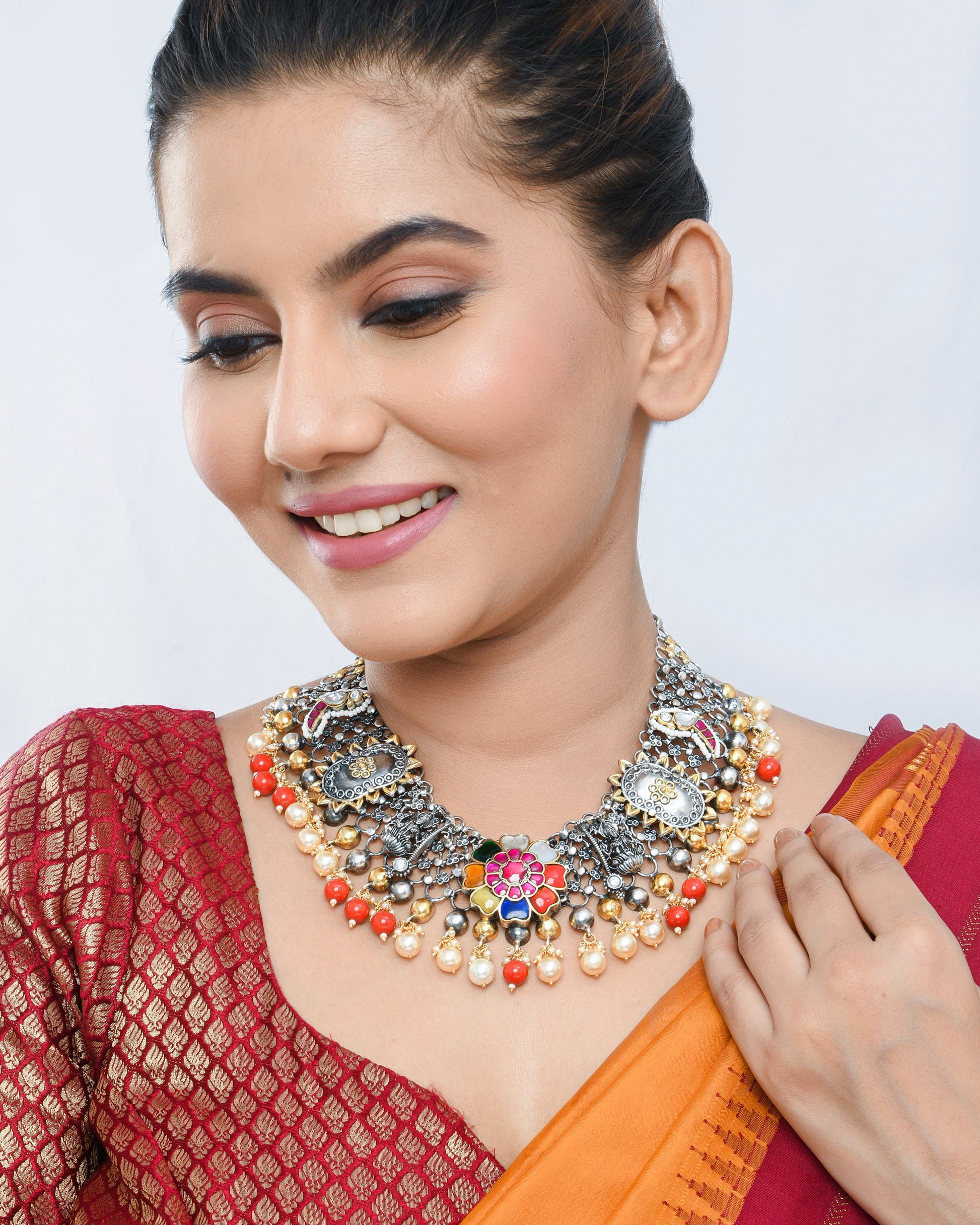 Oxidised silver fusion jewellery necklace with multicolor beads - Yuvaminie
