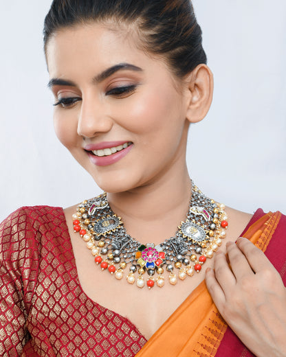 Oxidised silver fusion jewellery necklace with multicolor beads - Yuvaminie