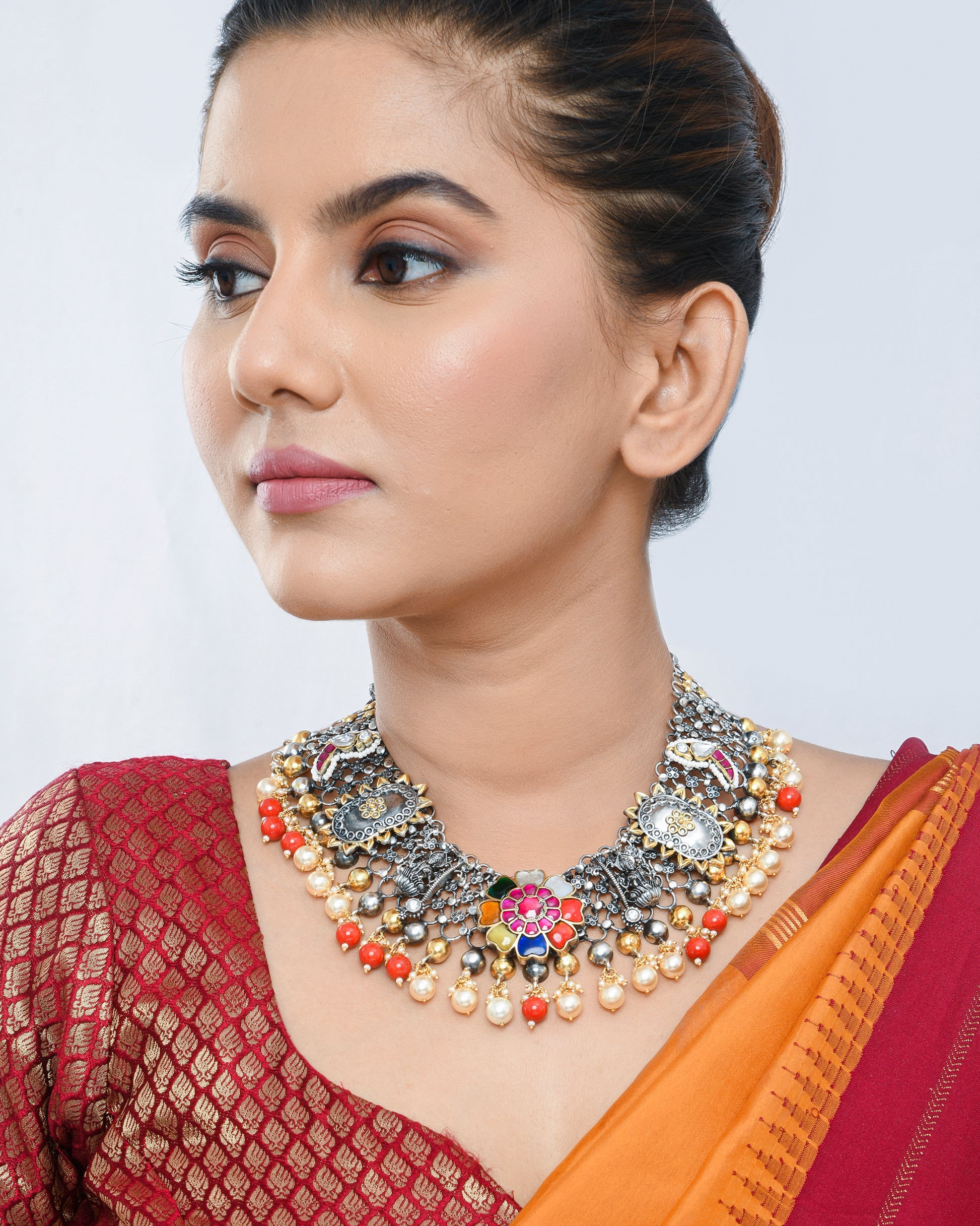 Oxidised silver fusion jewellery necklace with multicolor beads - Yuvaminie