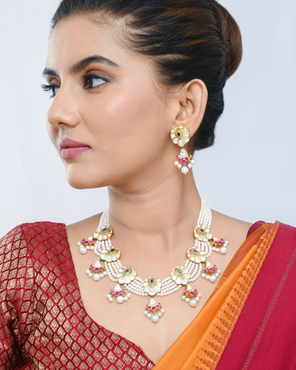 Multi-strand Pearl and polki set with sliced ruby look - Yuvaminie