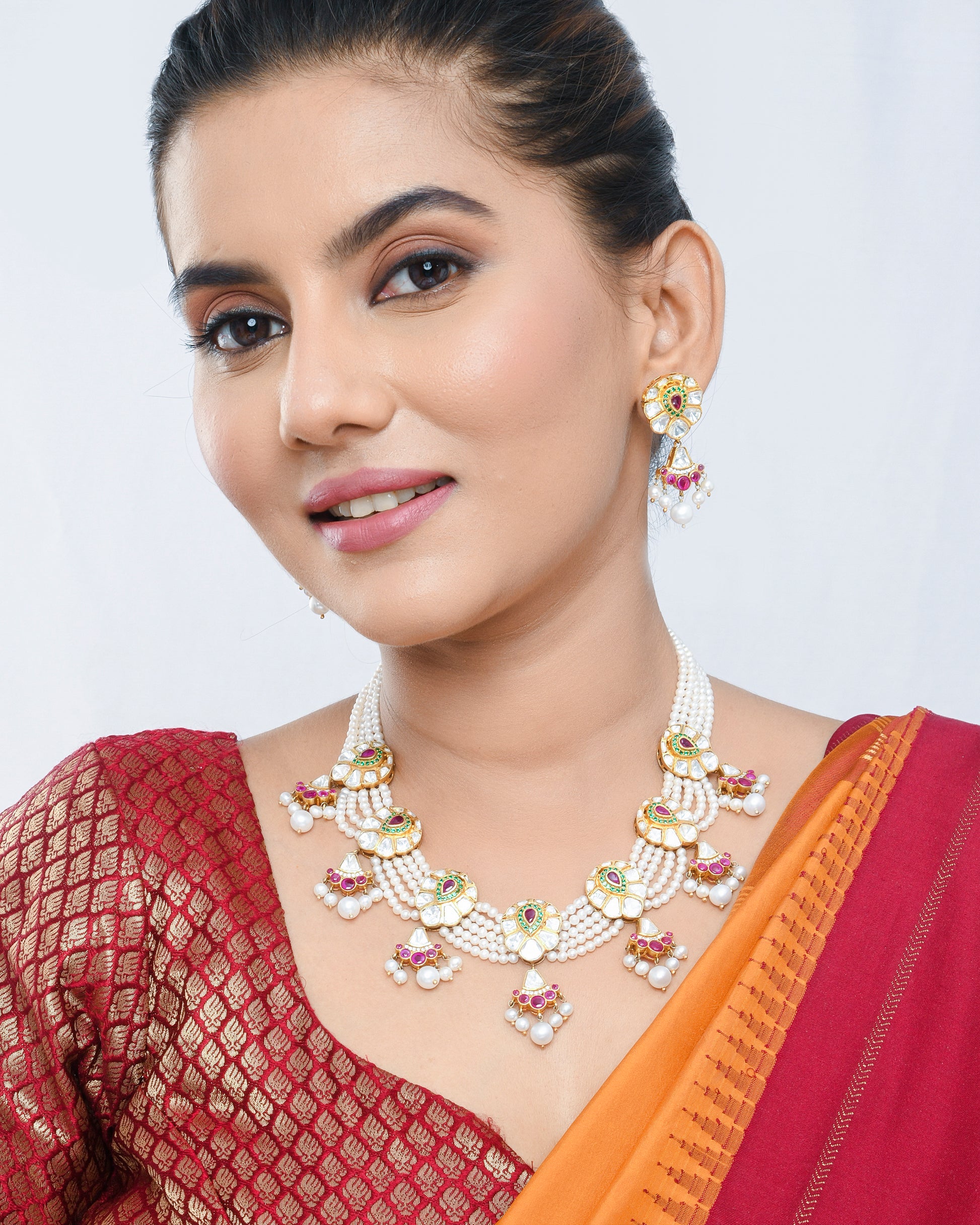 Multi-strand Pearl and polki set with sliced ruby look - Yuvaminie