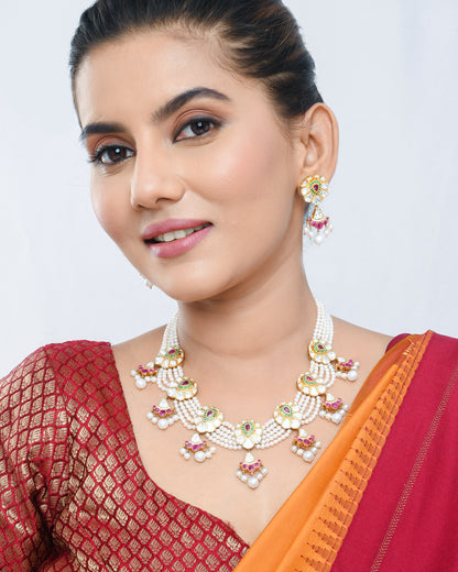 Multi-strand Pearl and polki set with sliced ruby look - Yuvaminie