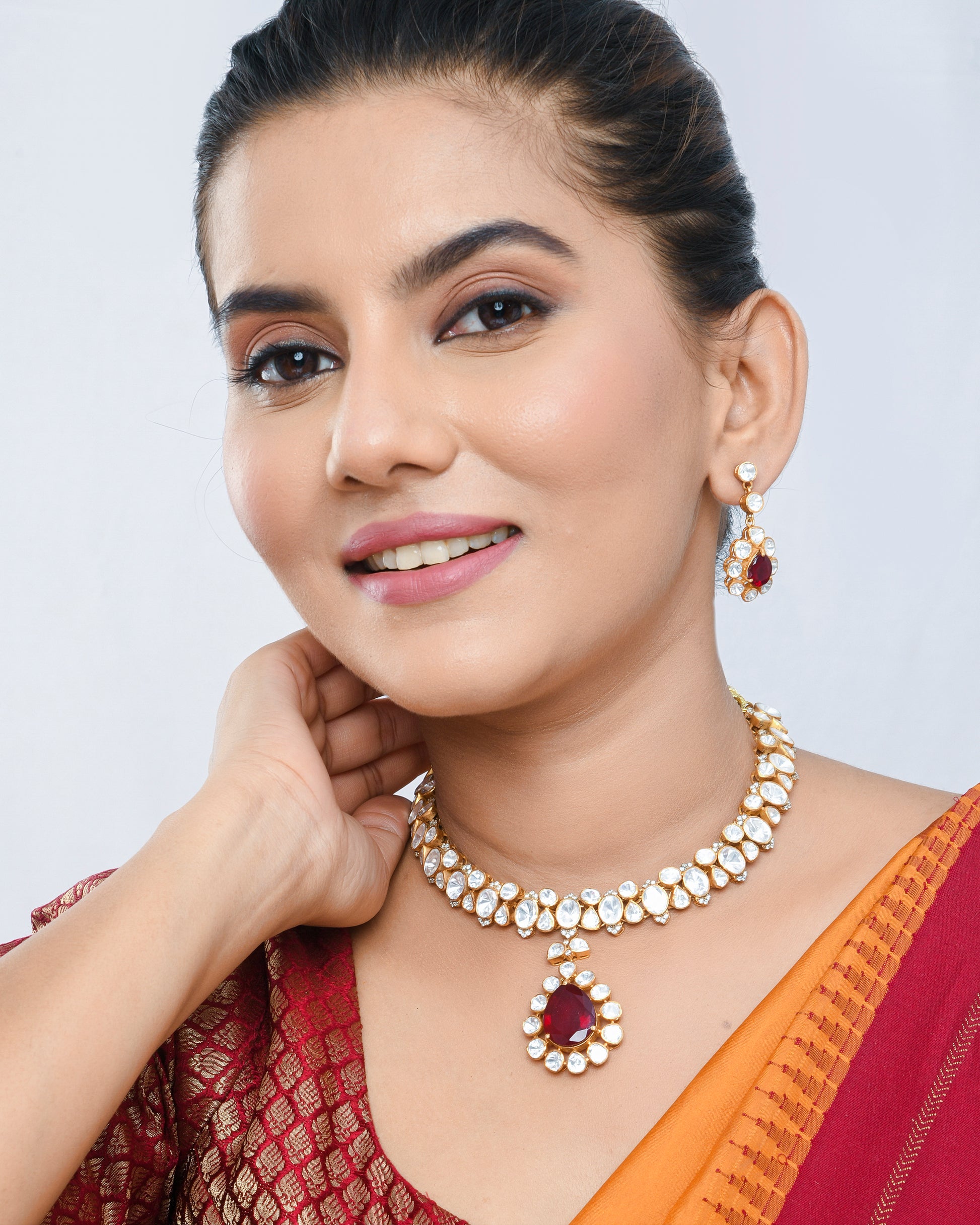 Ruby centred Polki Necklace set with hangings - Yuvaminie