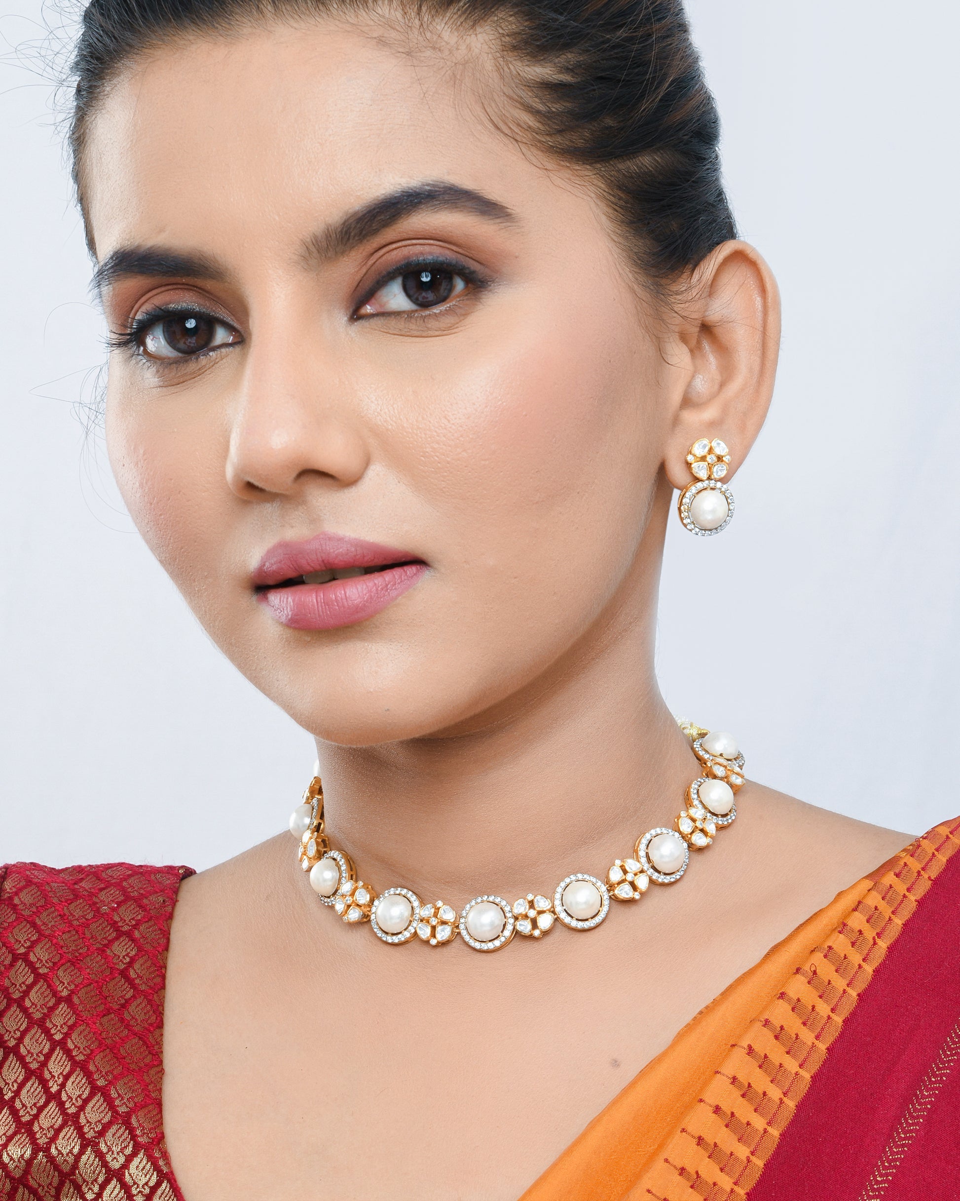 Pearl and polki necklace with hanging earrings - Yuvaminie