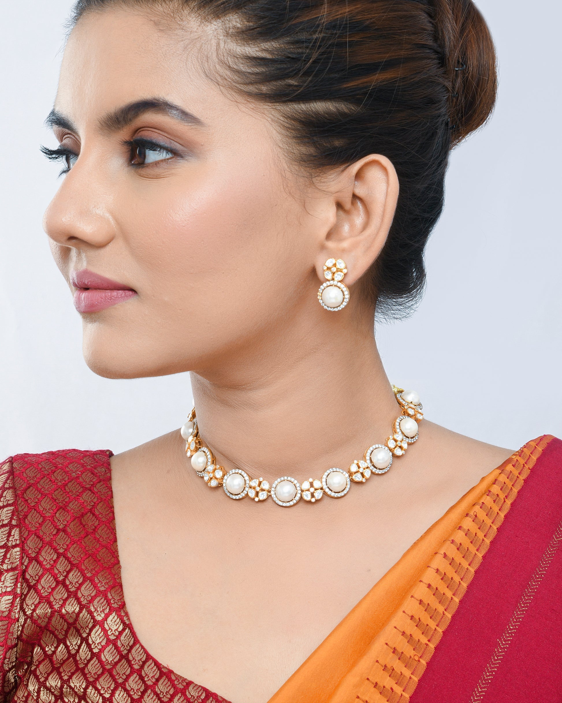 Pearl and polki necklace with hanging earrings - Yuvaminie
