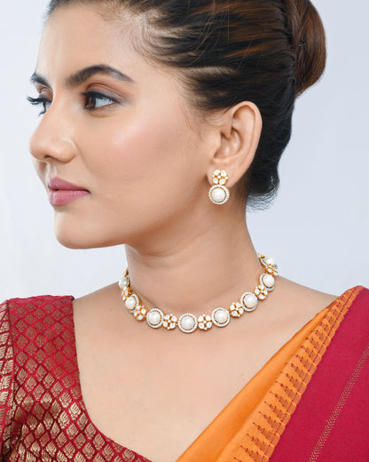 Pearl and polki necklace with hanging earrings - Yuvaminie