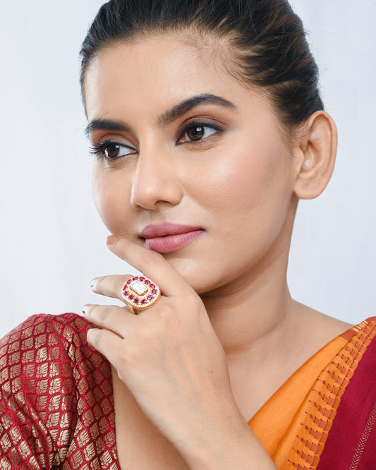 Red oval ring adjustable gold-tone cocktail ring - Yuvaminie